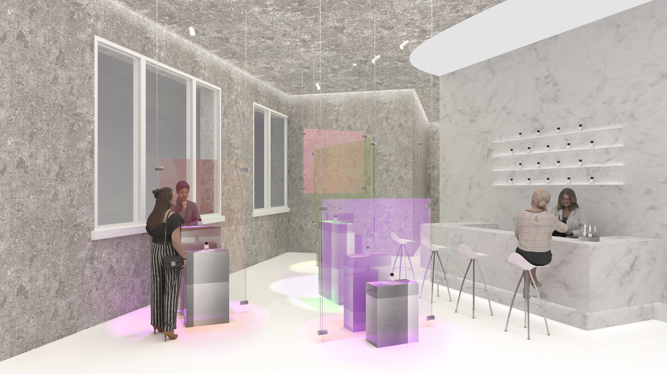 Designed as an immersive retail experience for a fragrance brand, the pop-up store explores how light and material can extend the narrative of scent into space. Translucent panels and dichroic surfaces filter natural and artificial light, casting shi