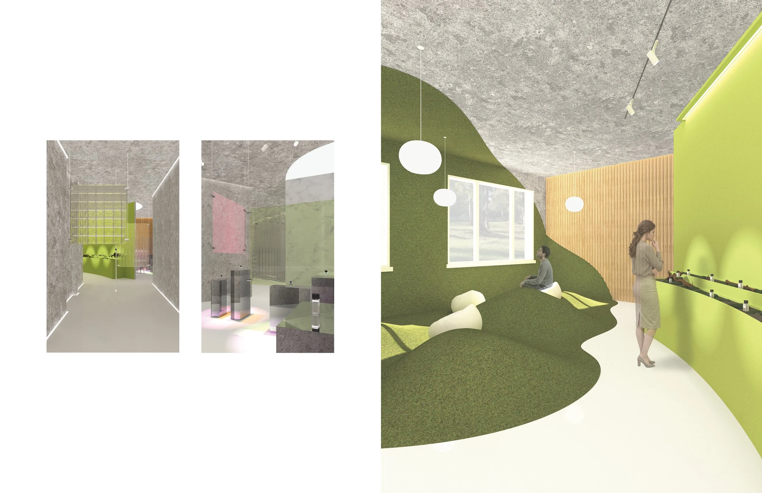 A transition from immersive landscape to controlled interior defines the spatial sequence. Material and light shifts guide visitors from soft, continuous environments toward focused, perceptual clarity.