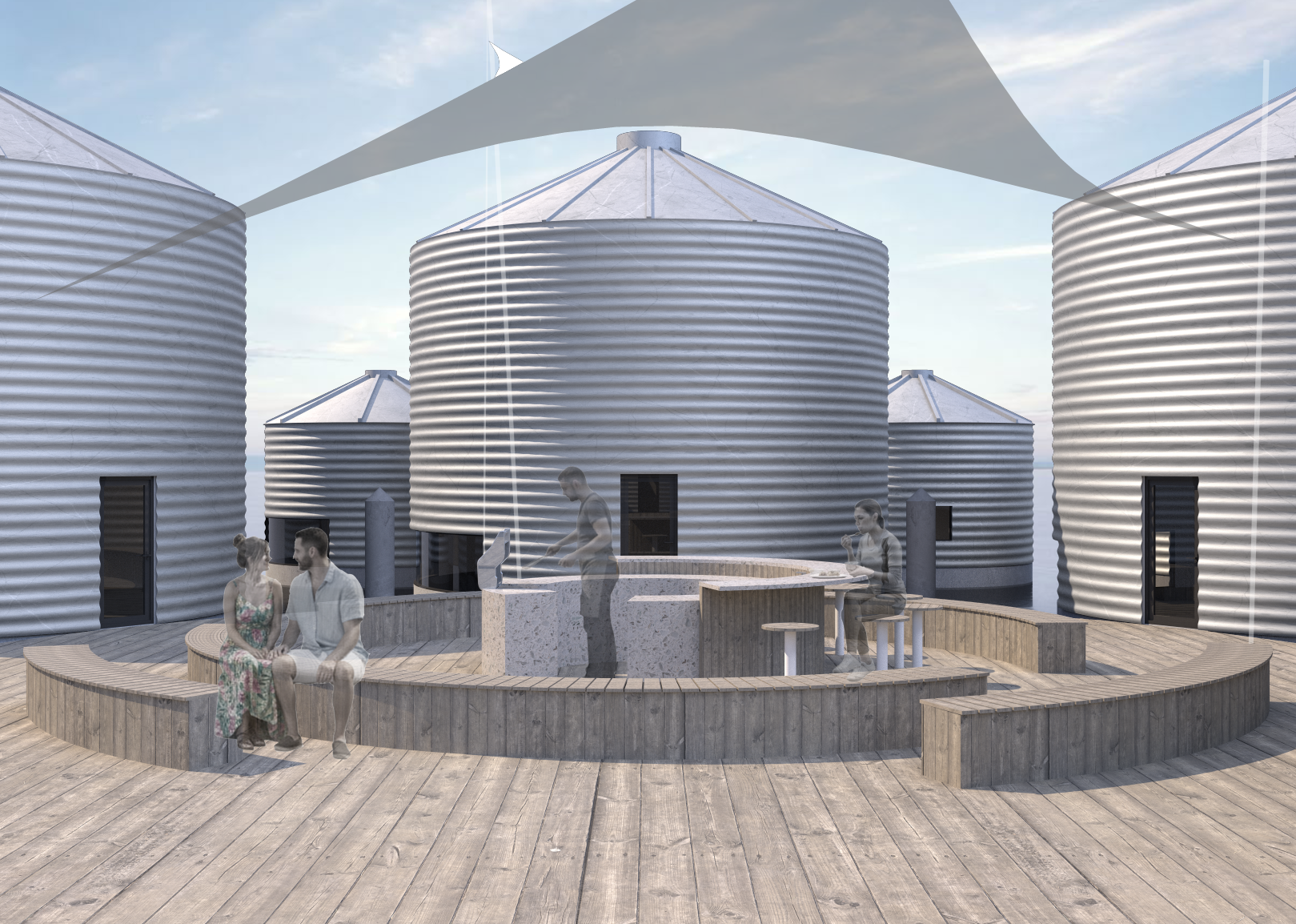 Elevated above the waterline, the communal deck operates as an outdoor living room — a platform for informal gathering, work, and pause. Shaded yet open to the horizon, it supports a fluid overlap of domestic and civic rituals, suggesting a new model