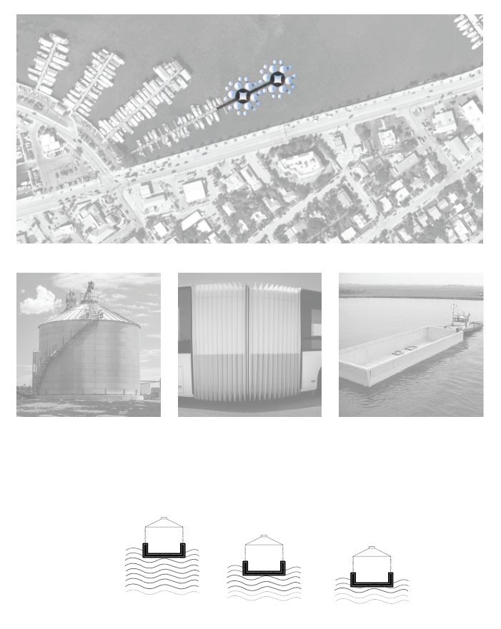 Salvaged grain silos and concrete tubs are retrofitted into buoyant structural units, forming a modular framework for floating community. Linked by shared platforms, the system promotes resource efficiency while enabling collective living. Reuse beco