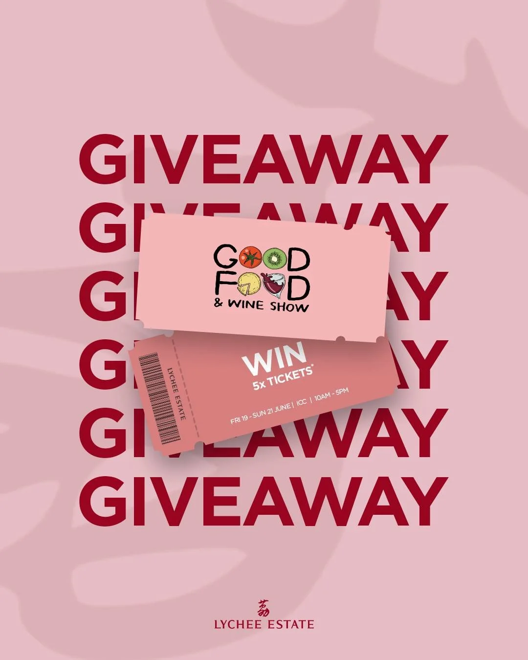 🩷 GIVEAWAY 🩷⁠
⁠
We're giving away 5x tickets to @goodfoodwine Show Sydney. Bring your favourite people and spend the day sipping, tasting and discovering some of Sydney's best flavours. Don't forget to stop by the Lychee Estate stall for a pour 🍸⁠