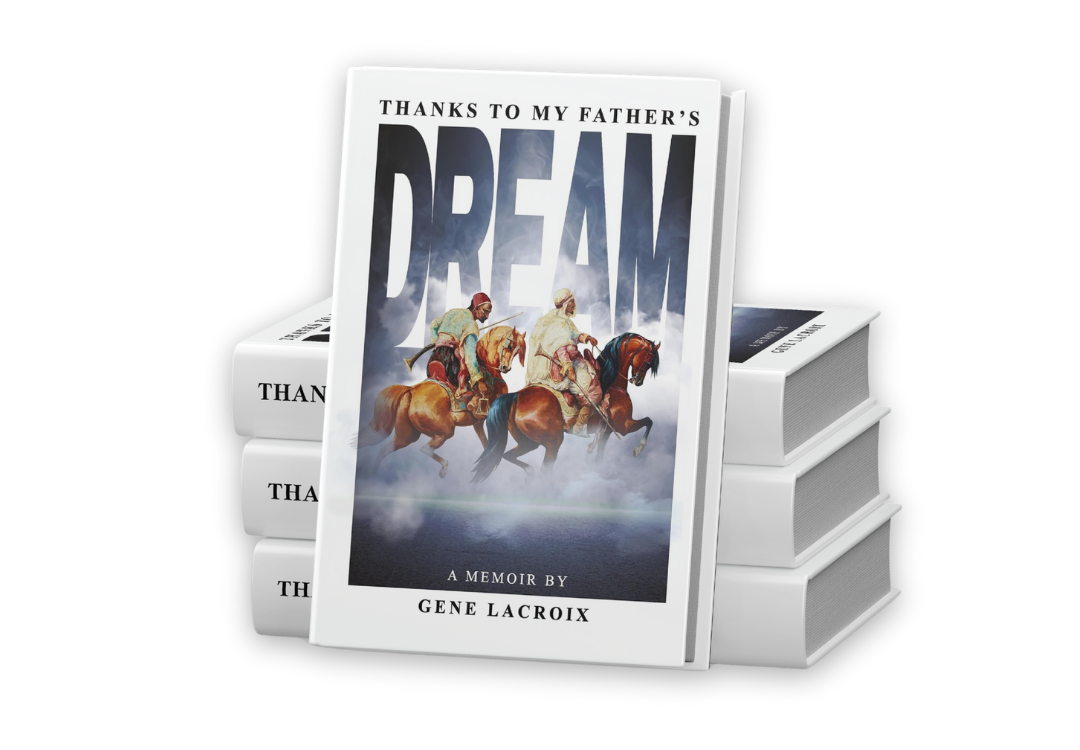 Stack of four white books titled "Thanks to My Father's Dream" with an additional book titled "Thanks to My Father's Dream" placed upright in front, featuring an illustration of three men riding horses over clouds.