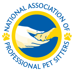 Logo of the National Association of Professional Pet Sitters featuring two hands shaking inside a blue circle with yellow accents and text around the circle.