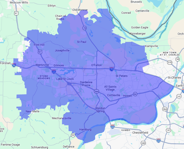 Map of St. Charles County, Missouri area with various neighborhoods and highways marked, highlighted in blue.