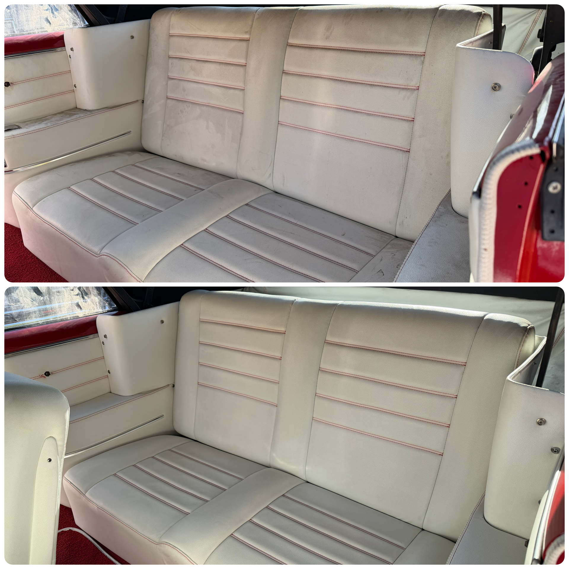 Interior of a vintage car showing the back seat with white leather upholstery, red stitching, and some slight wear.
