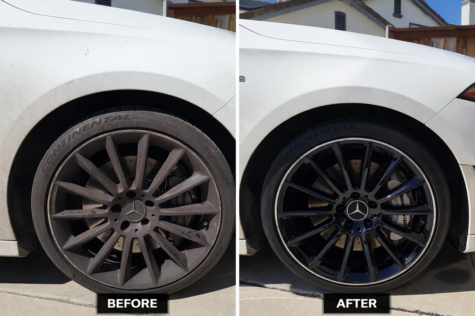 Comparison of a white car's front wheel before and after cleaning; the dirty, dusty wheel on the left, and the clean, shiny black wheel on the right.