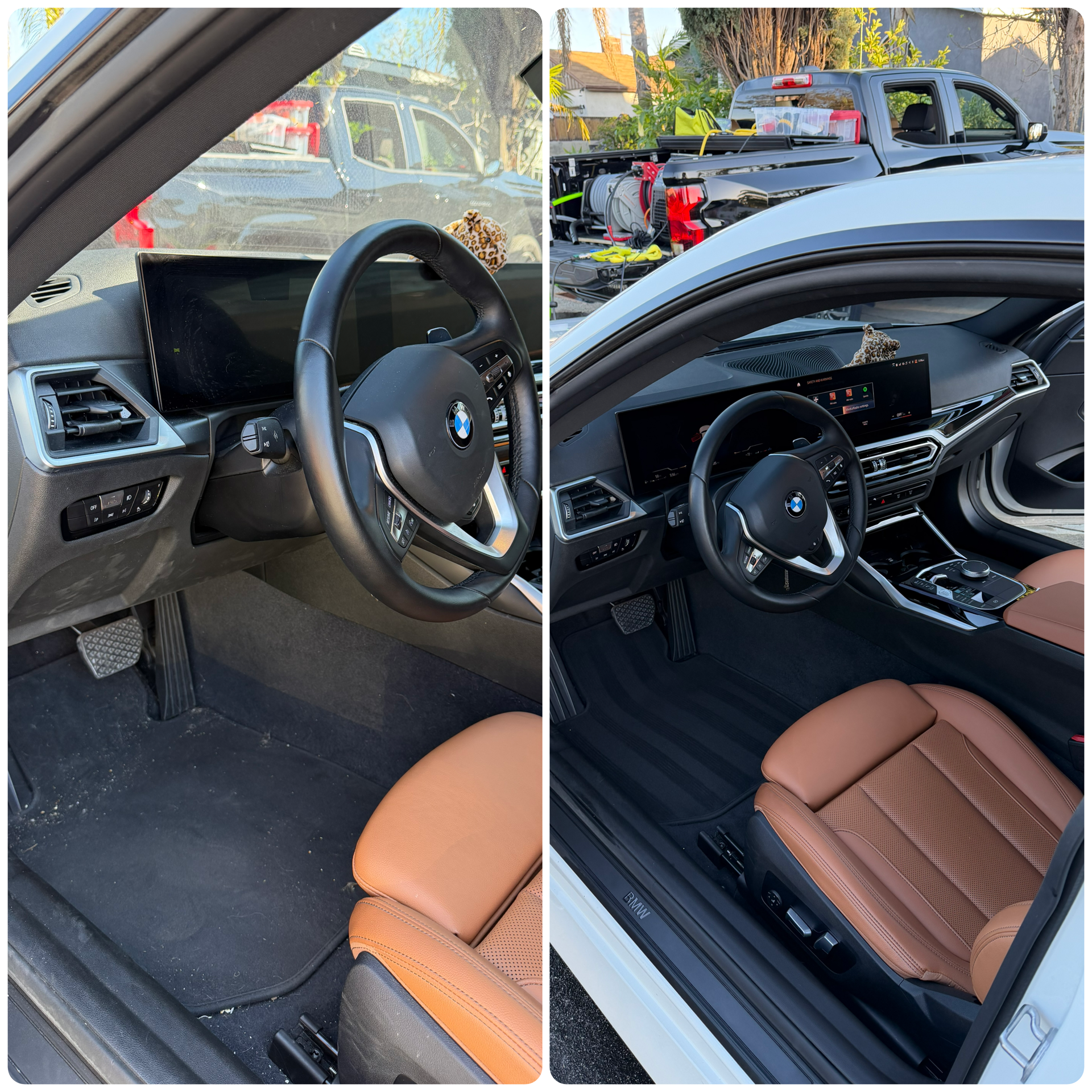 comparison of the interior of a car before and after cleaning, showing a messy floor with dirt and crumbs in the first image and a clean, tidy interior with a brown seat in the second.