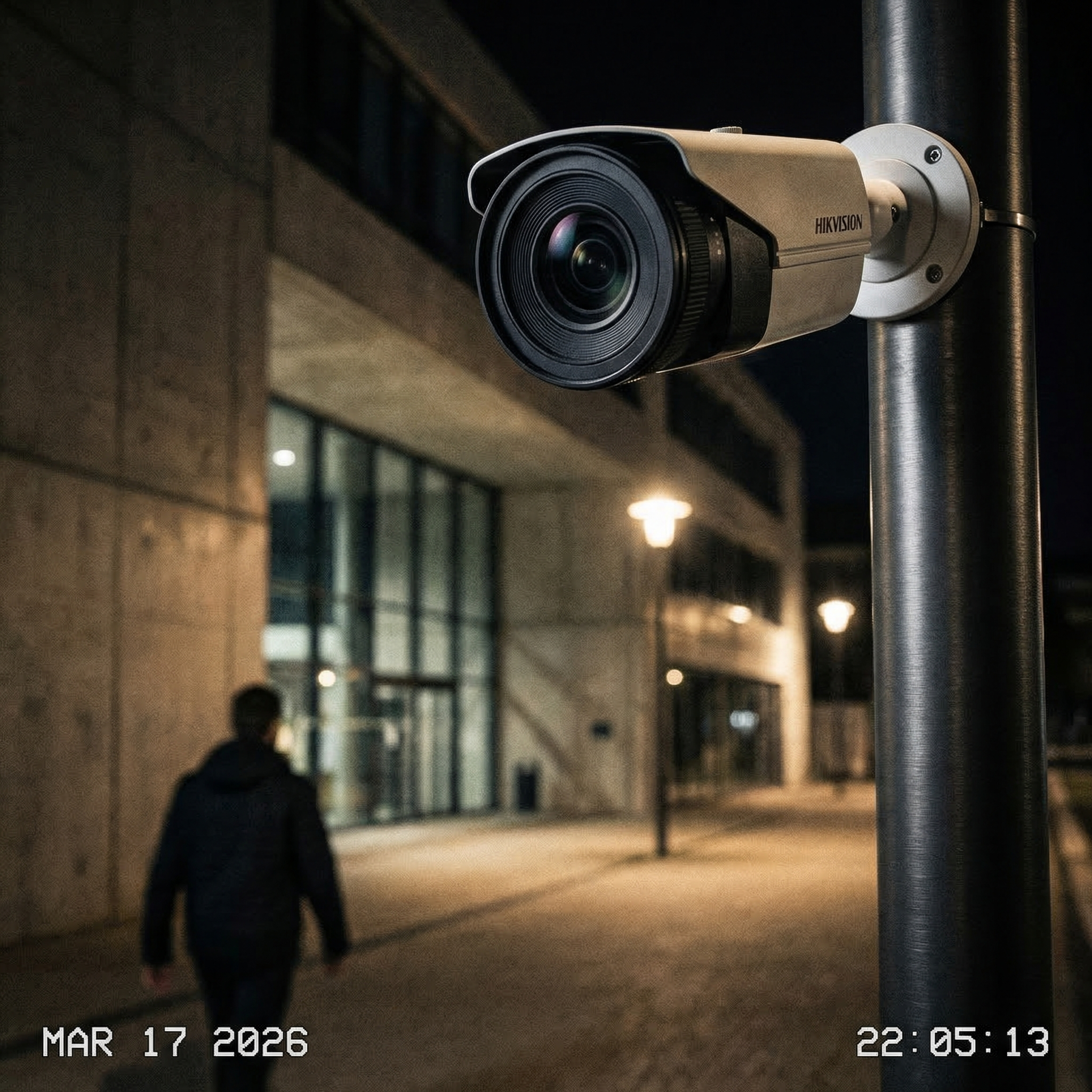 Caméra de sécurité CCTV thermique installée en extérieur la nuit de la marque HIK VISION. Techniserv Normandie - Systèmes d'alarme pour les professionnels.