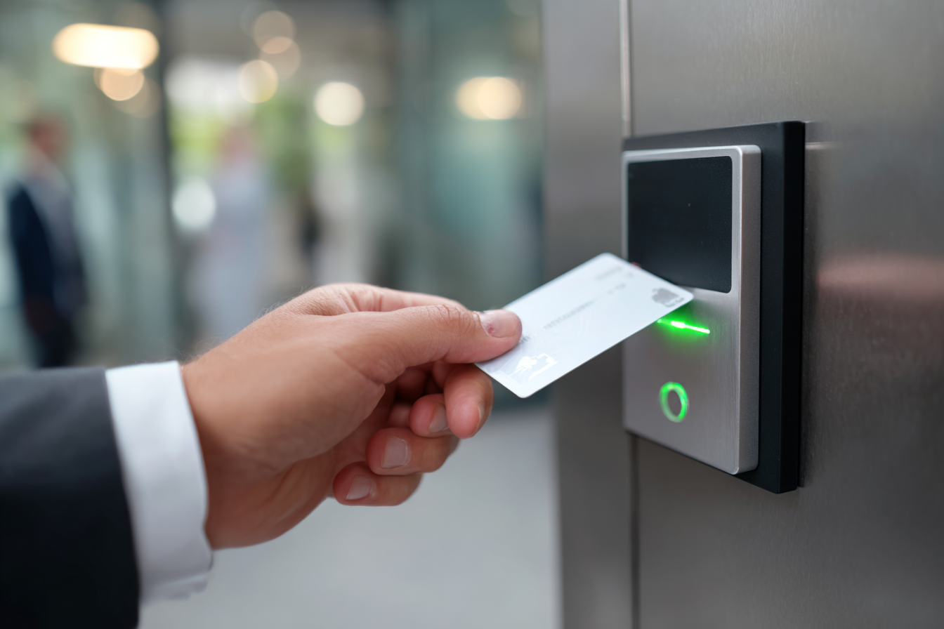 Une main tenant une carte d'accès en train de la scanner à un terminal de contrôle d'accès. Contrôler les accès, sécuriser les usages - Techniserv - Normandie