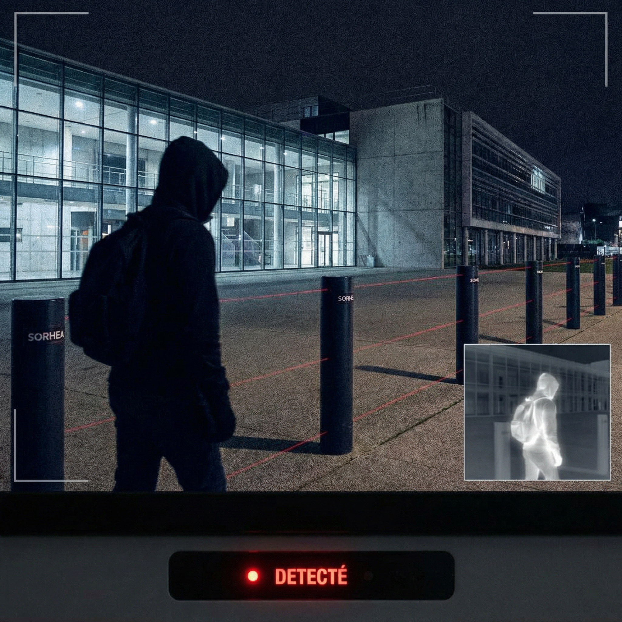 Une personne portant une capuche noire et un sac à dos marche devant un bâtiment moderne en verre la nuit. Système de barrière infrarouge SOREHA. Techniserv Normandie - Systèmes d'alarme
