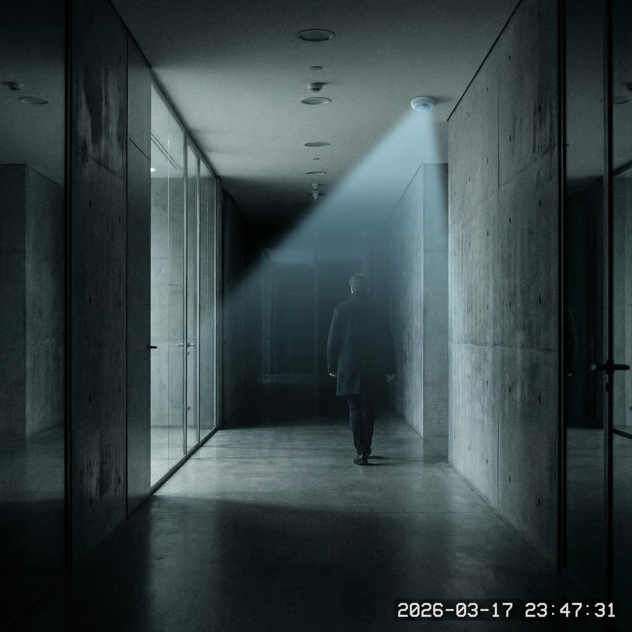 Un homme marche seul dans un couloir sombre, avec un détecteur de présence. Techniserv Normandie - Systèmes de détection.