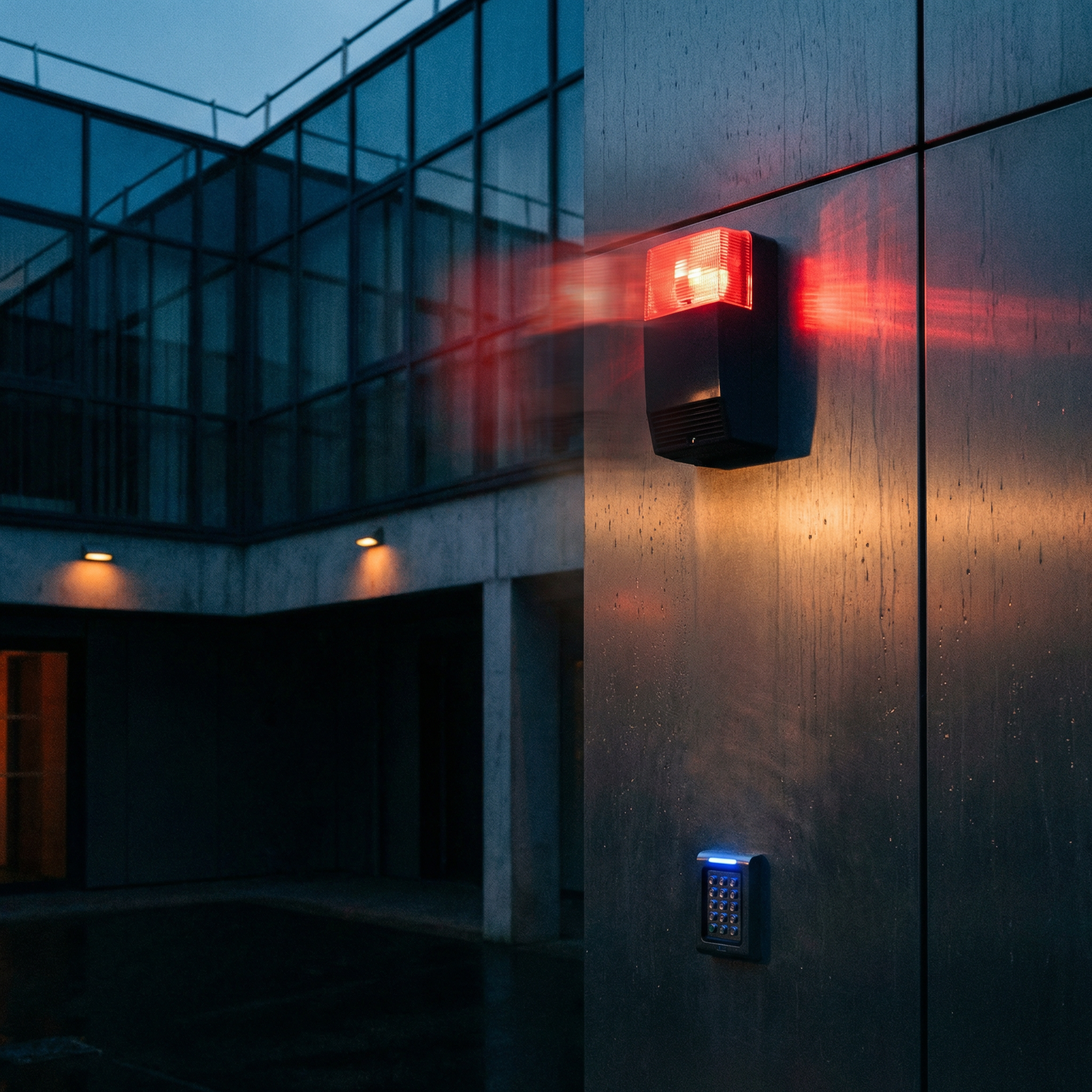 Un bâtiment moderne avec une façade en verre et des lumières extérieures, une alarme avec un rayon lumineux rouge et un clavier à code LED bleue. Techniserv Normandie