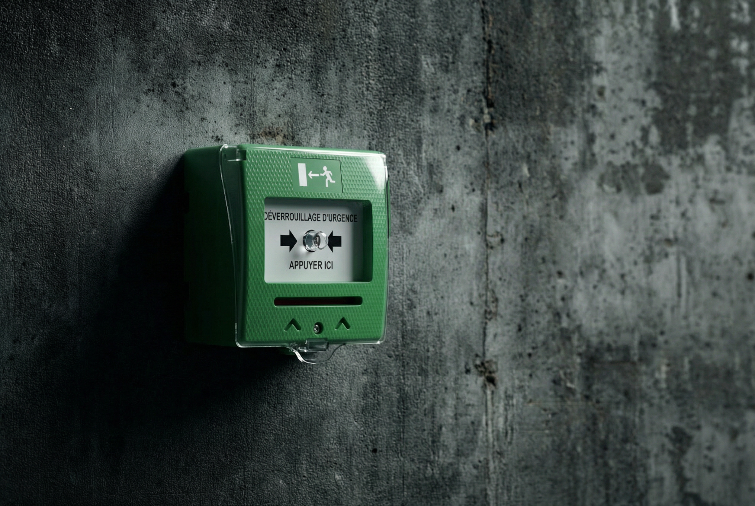 Déclencheur manuel. Issue de secours. Techniserv Normandie - Solutions de sécurité incendie pour les professionnels en Normandie