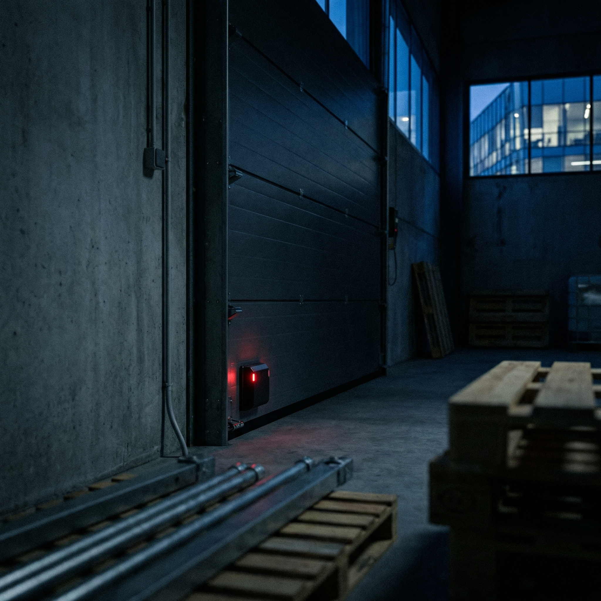 Intérieur d'un entrepôt ou d'une zone de stockage avec une grande porte de garage métallique, avec un sabot de porte de détection. Techniserv Normandie - Systèmes d'alarme pour les professionnels