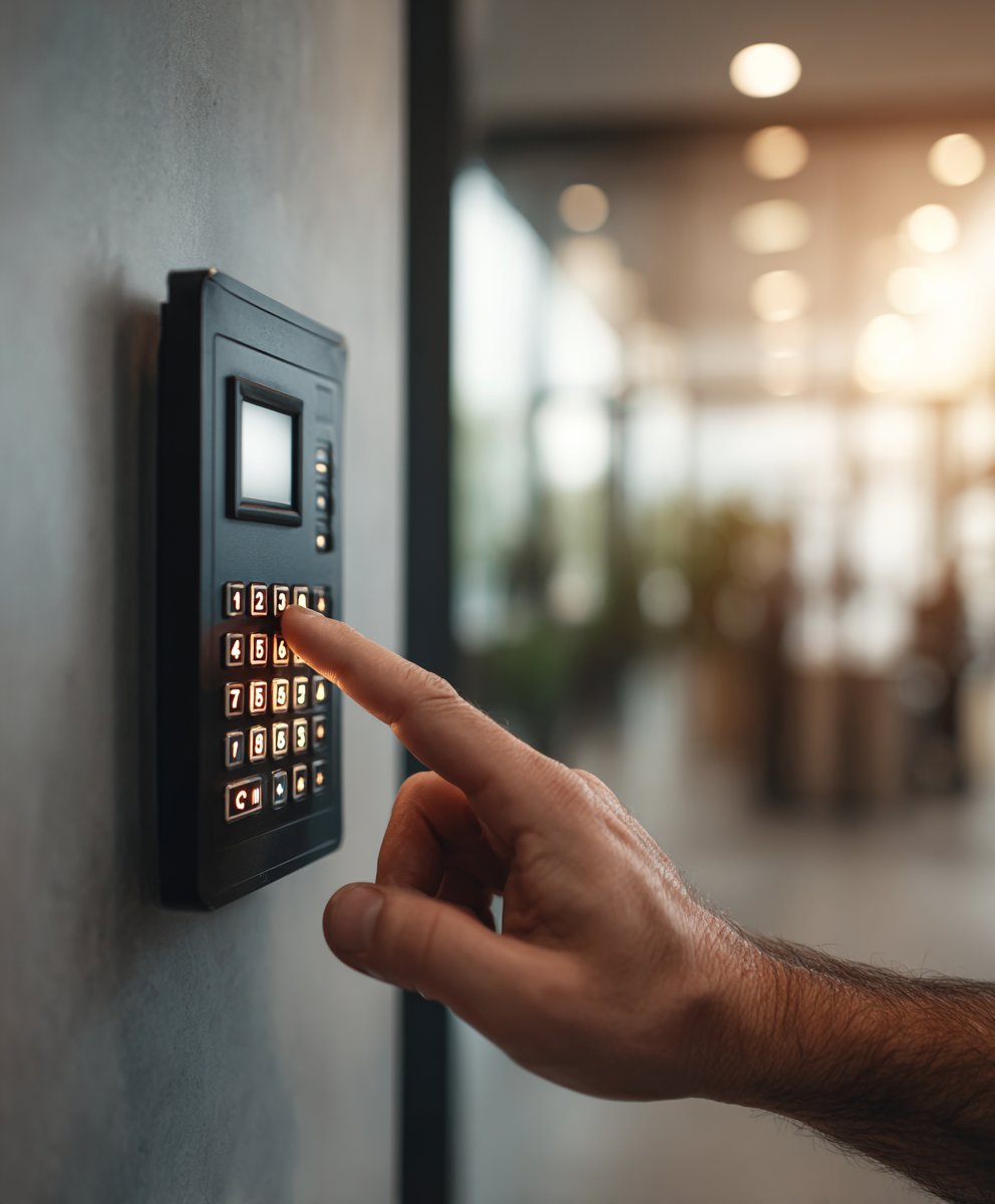 Une main appuie sur un clavier numérique d'un système de contrôle d'accès. Techniserv Normandie