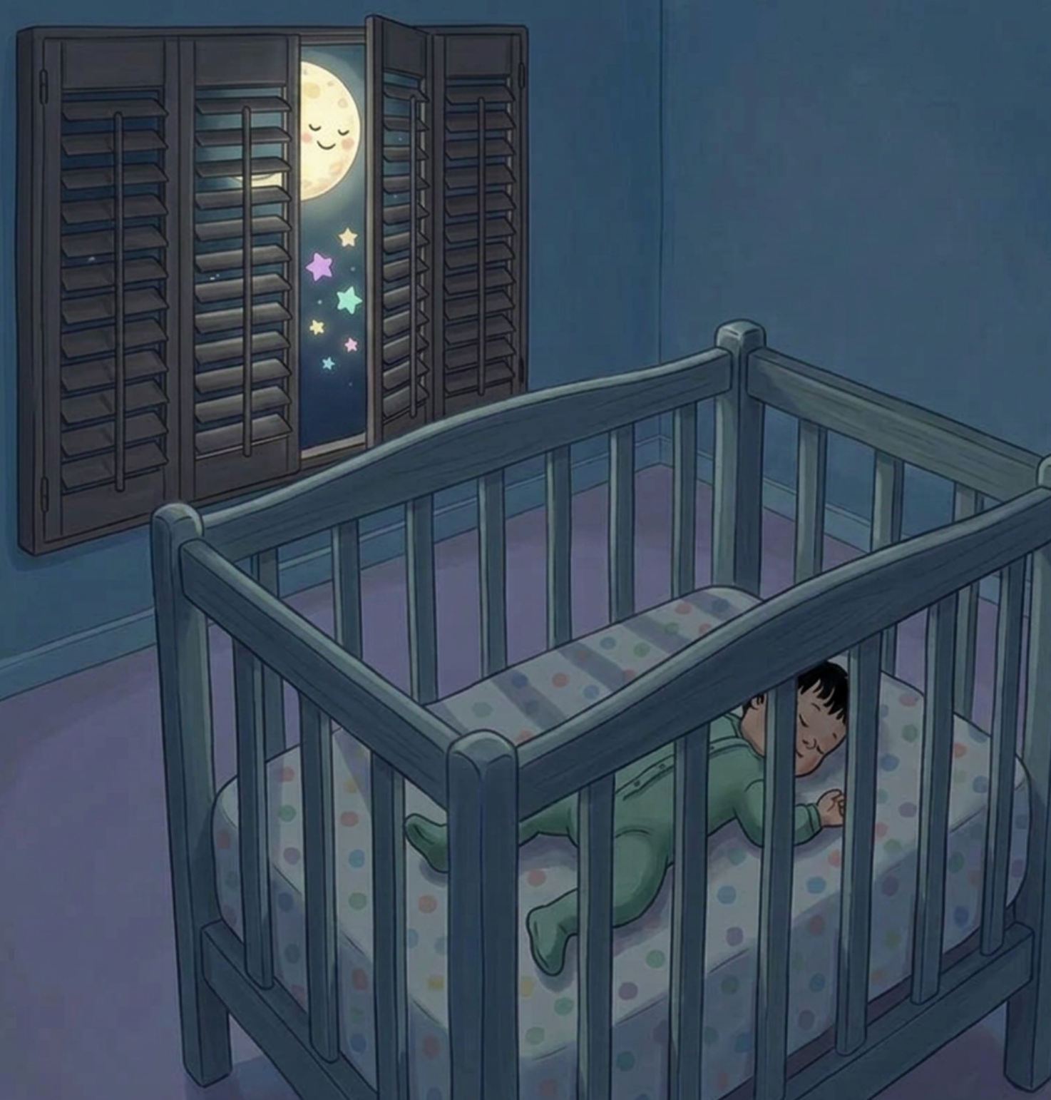A child sleeping in a crib while the moon and colorful stars shine through a window