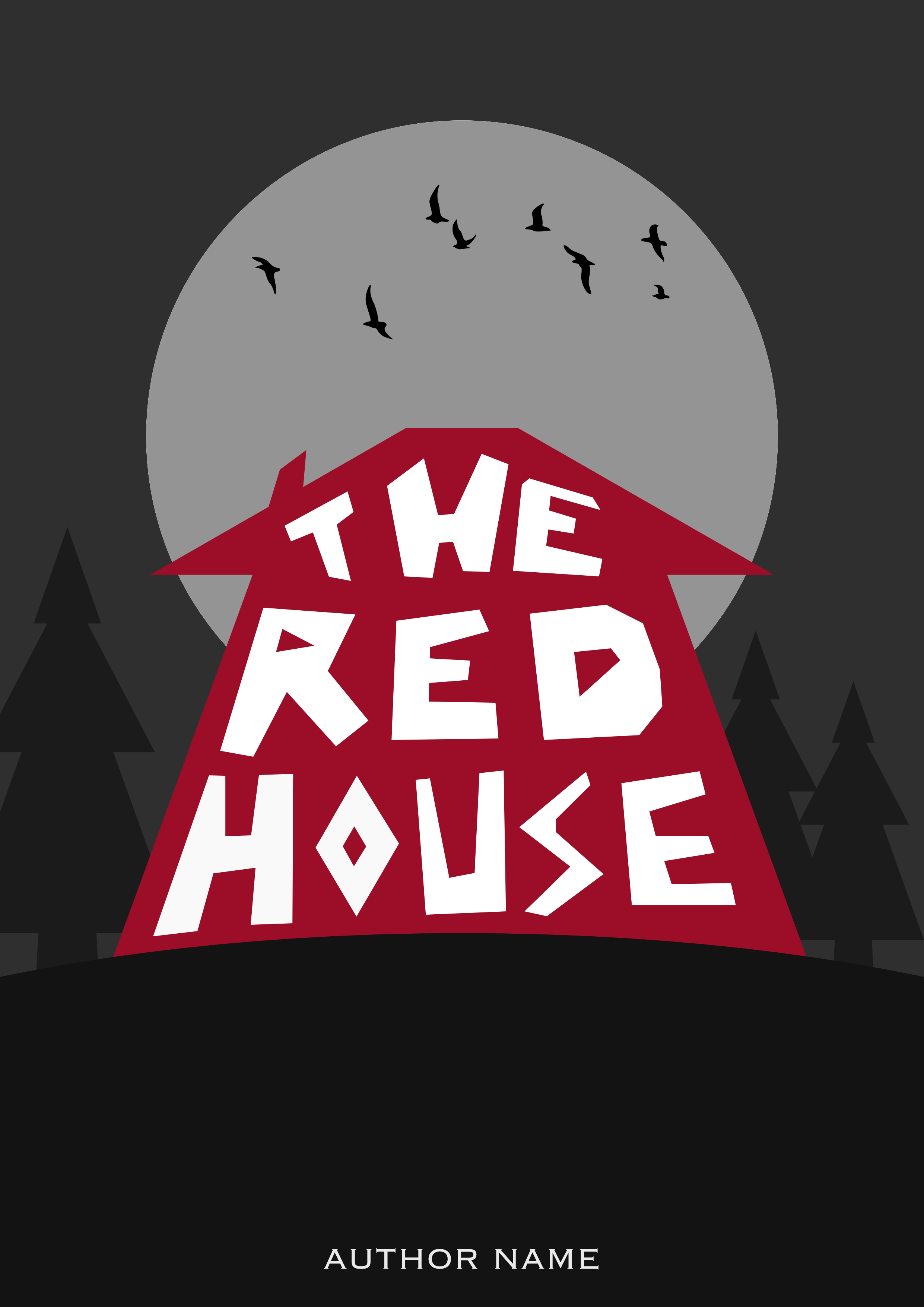 A book cover titled 'The Red House' with a red house illustration, black trees, a gray moon, and flying birds in the dark night sky.