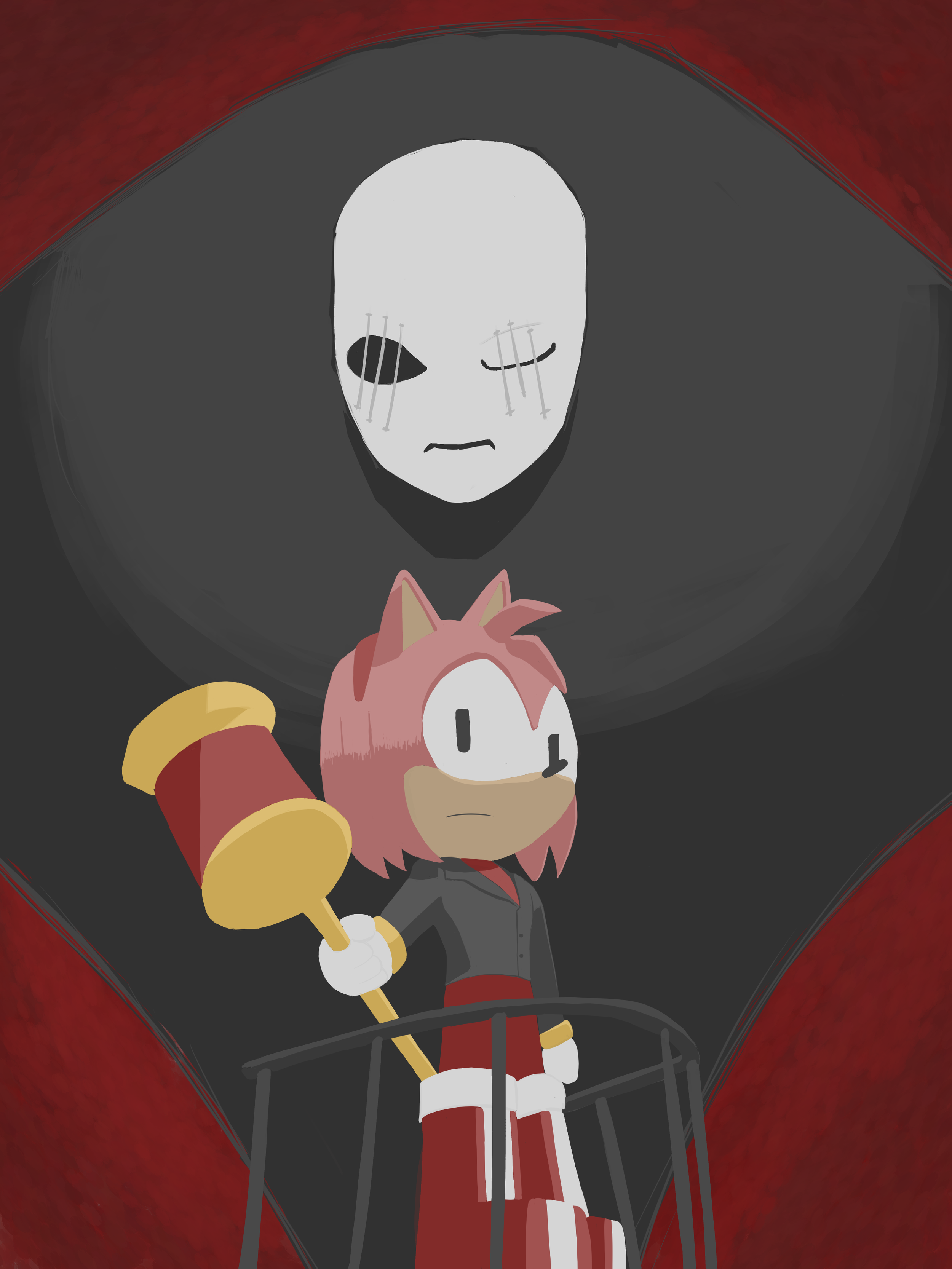 A cartoon-style image of a pink-haired girl with a sad expression holding a big yellow and red hammer, standing under a large, dark, ominous figure with a white, skull-like face and hollow eyes, set against a dark red and black background.