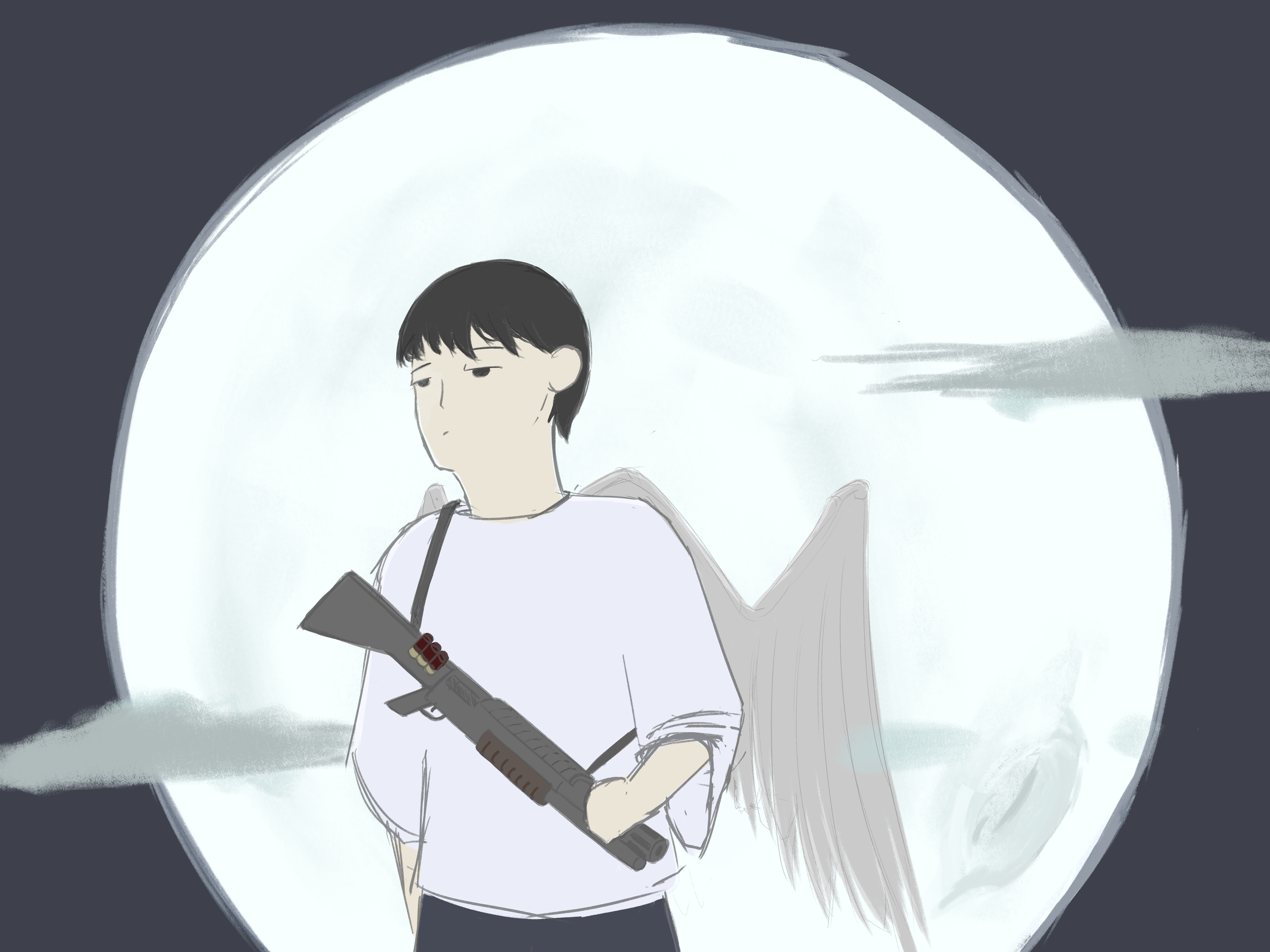 Illustration of a teenager with black hair holding a shotgun, standing under a large bright moon with a dark night sky in the background.