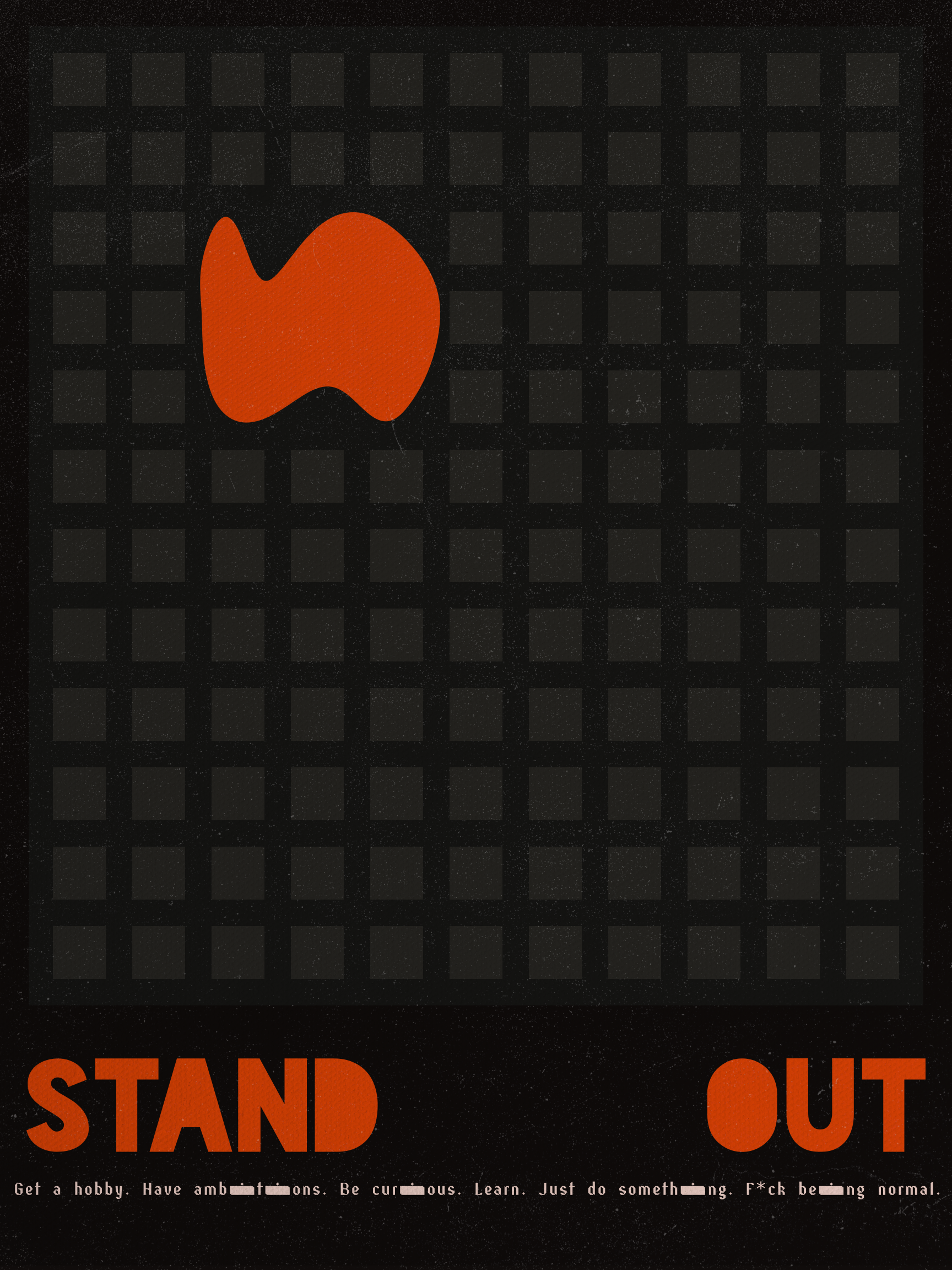 A puzzle game board with a single red puzzle piece missing, and the words 'STAND OUT' in bold orange letters at the bottom, accompanied by a motivational message.