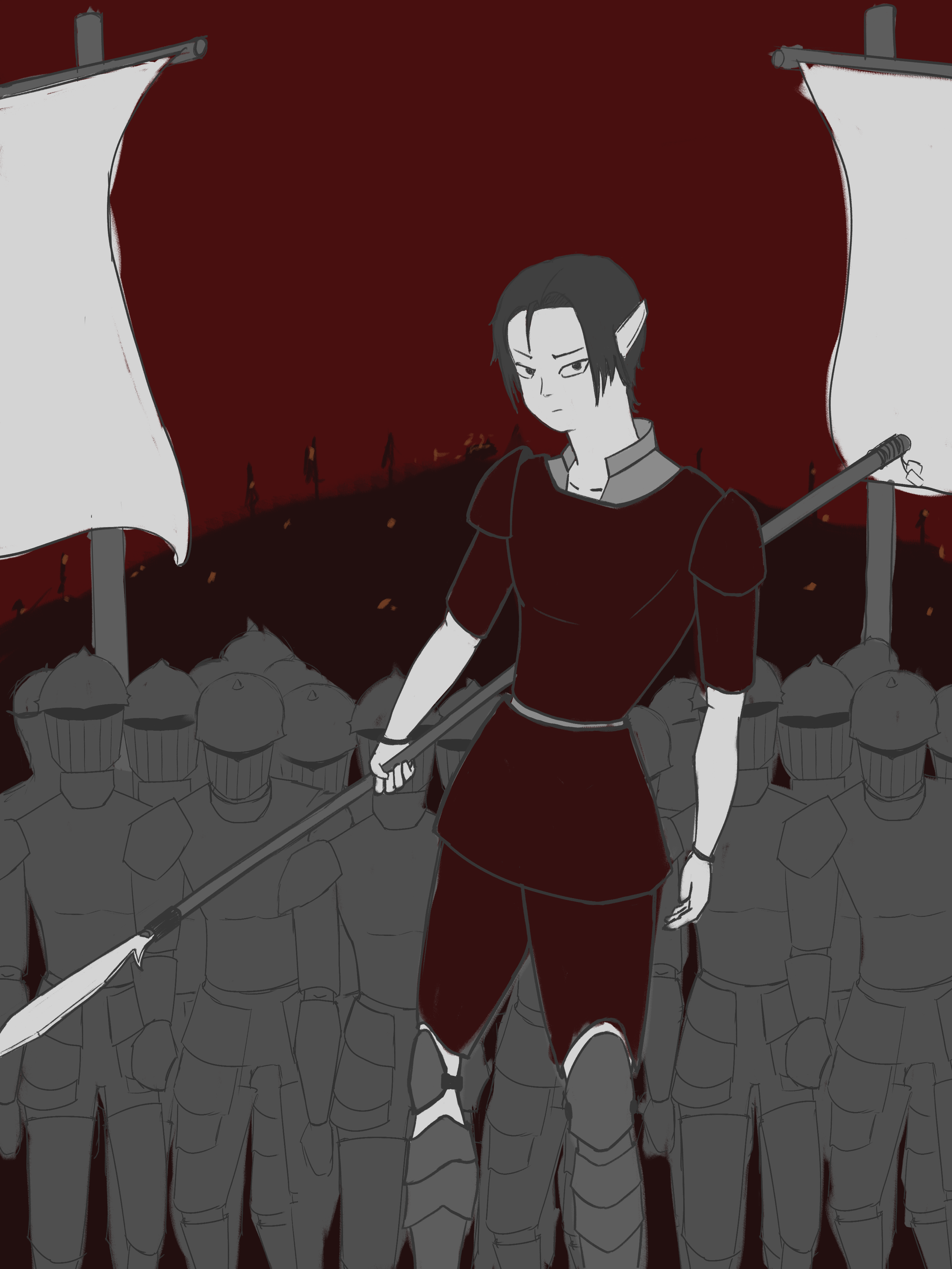 Digital illustration of a young person with dark hair and elf-like ears, standing confidently in front of a large crowd of soldiers, with a dark red sky and flames in the background. The person is wielding a spear.