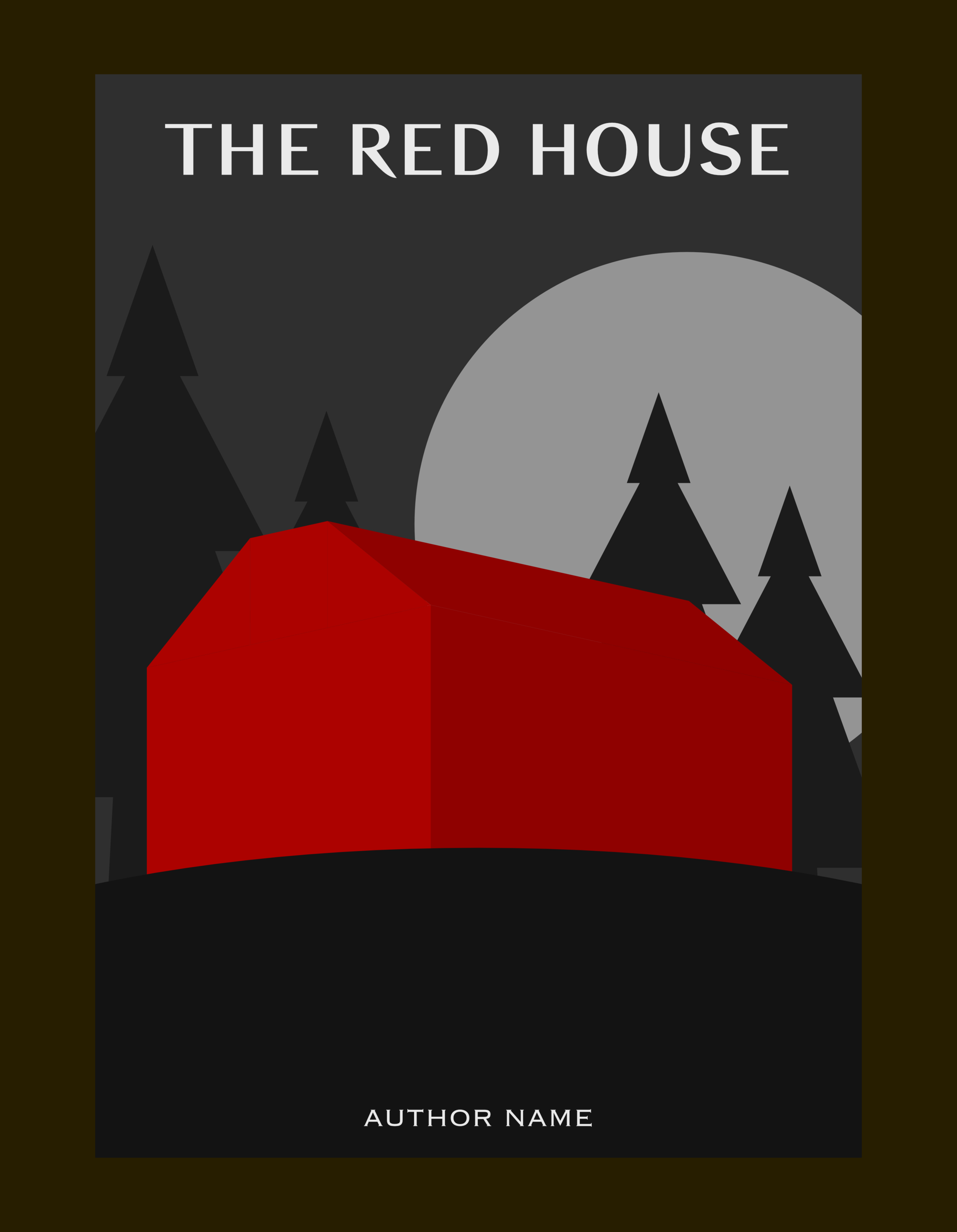 Book cover titled 'The Red House' featuring a red house silhouette against a dark background with trees and a large moon.