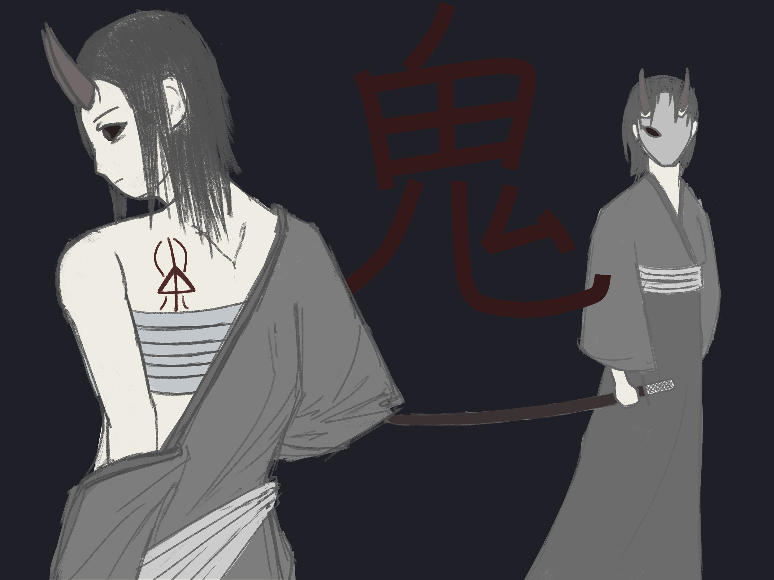 Drawing of two humanoid characters with horns, one with long dark hair and the other with short hair, both wearing kimono-like clothing, against a dark background with Japanese characters.