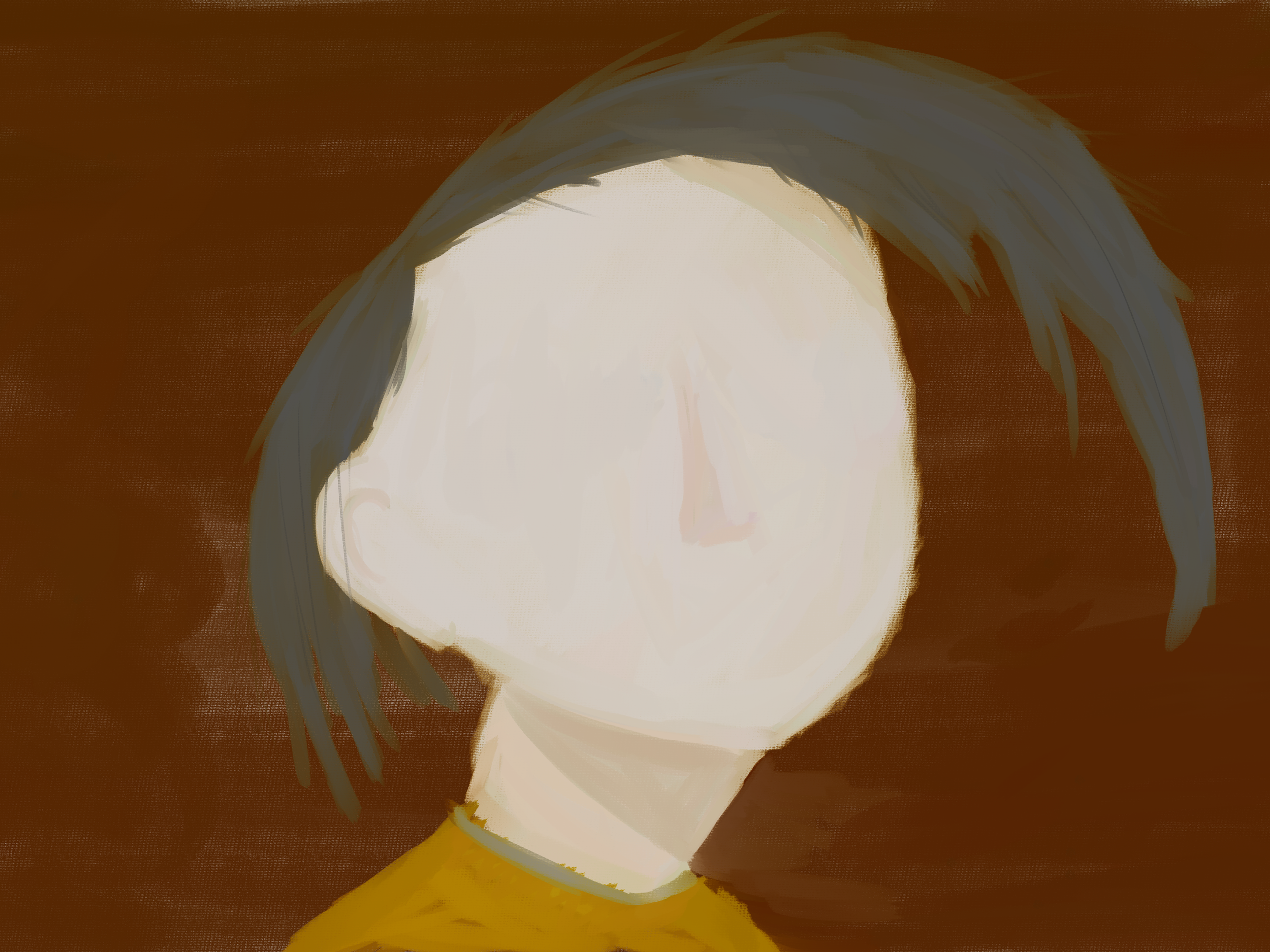 A digital painting of a faceless woman with short dark hair wearing a mustard-colored shirt and a gray necklace, standing against a reddish-brown background.