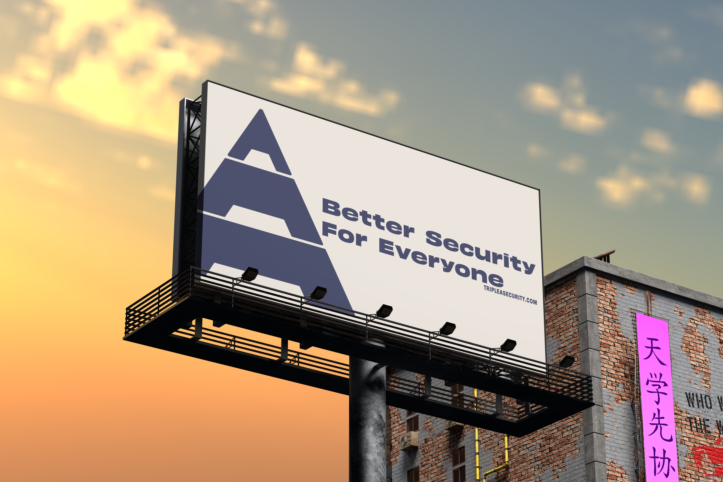 Billboard with logo and slogan 'Better Security For Everyone' in front of a brick building at sunset.