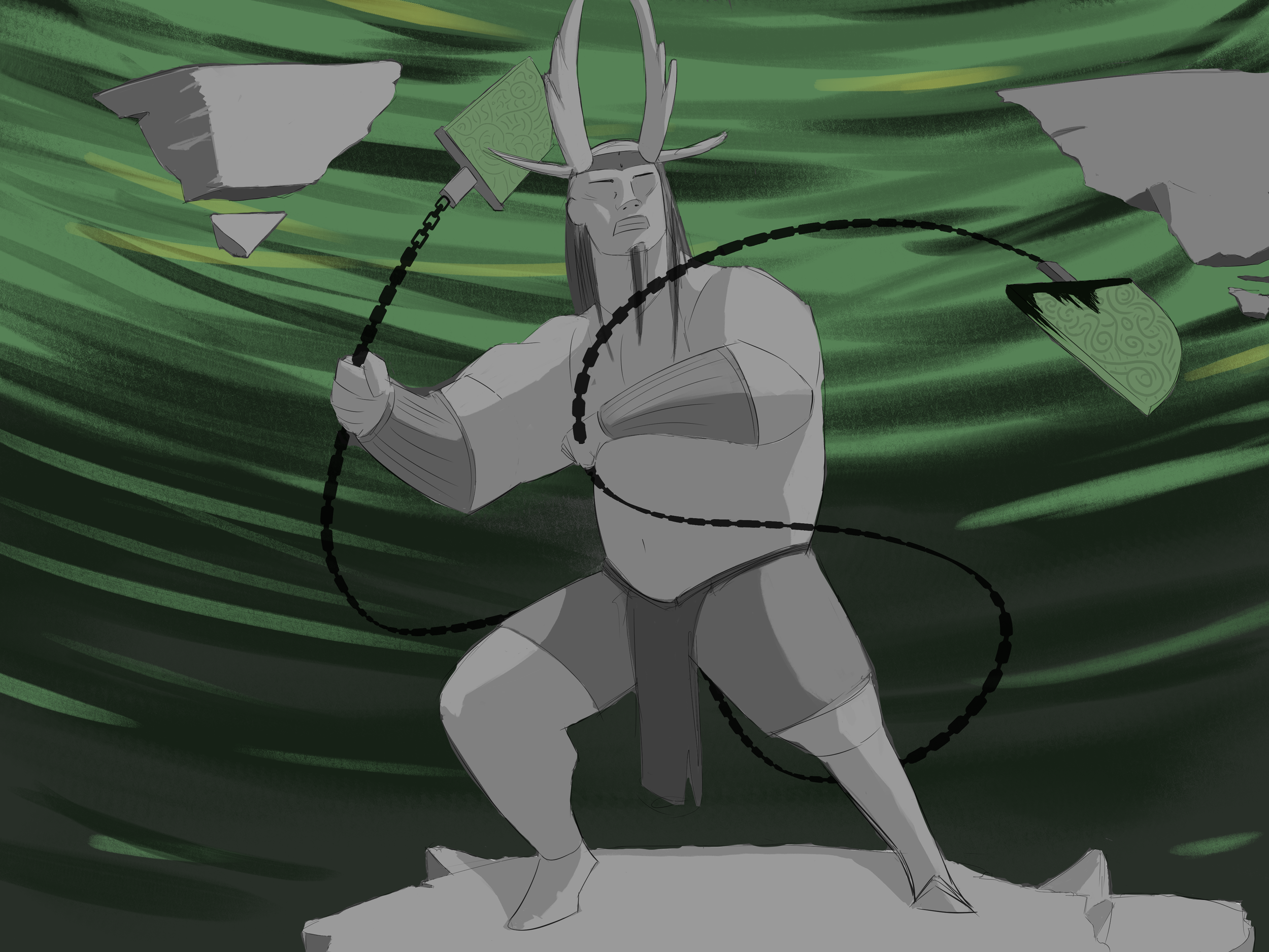 A warrior with long hair and a helmet with antlers, dressed in traditional Asian attire, holding a long whip or chain, standing inside a swirling green and black vortex with floating rocks.