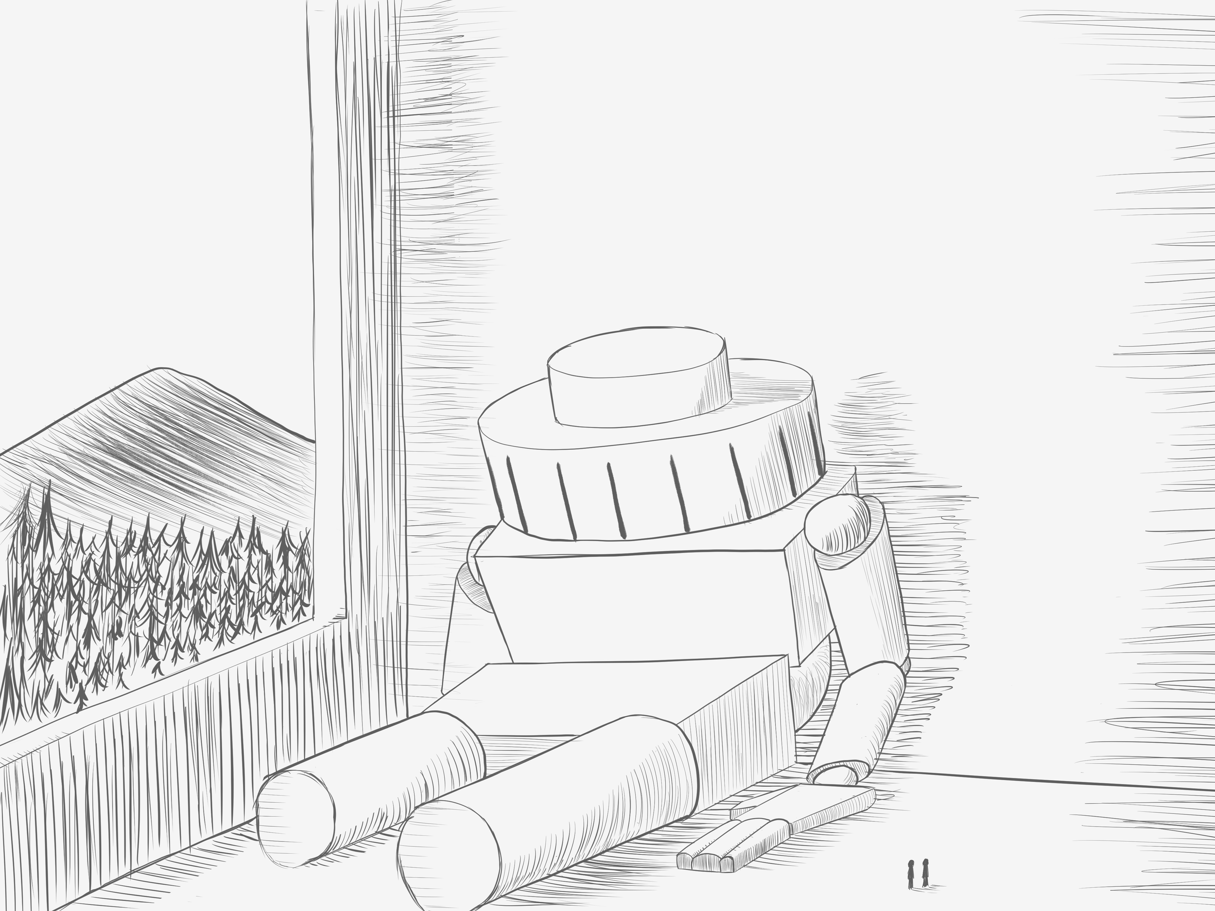 A sketch with a "dead" golem, with two tiny people walking near the base.