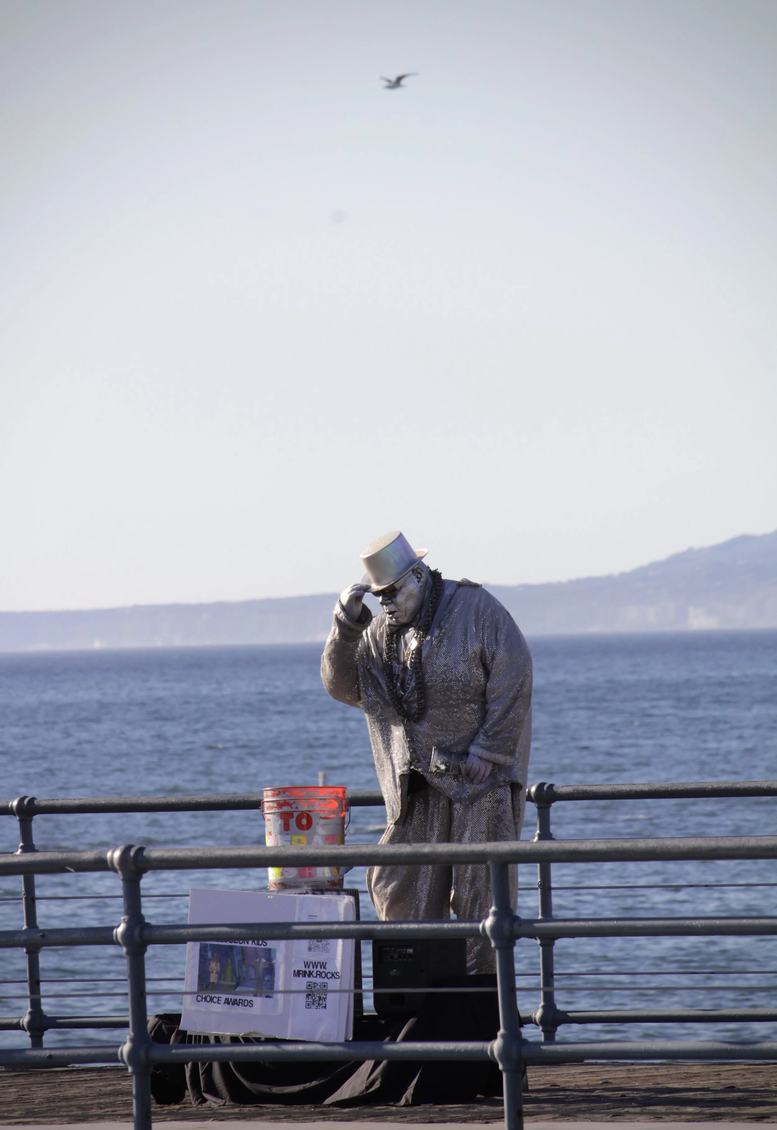 A person dressed as a mime, wearing a silver hat and coat, is standing on a pier near the water, with a background of water and distant land, and a seagull flying overhead.