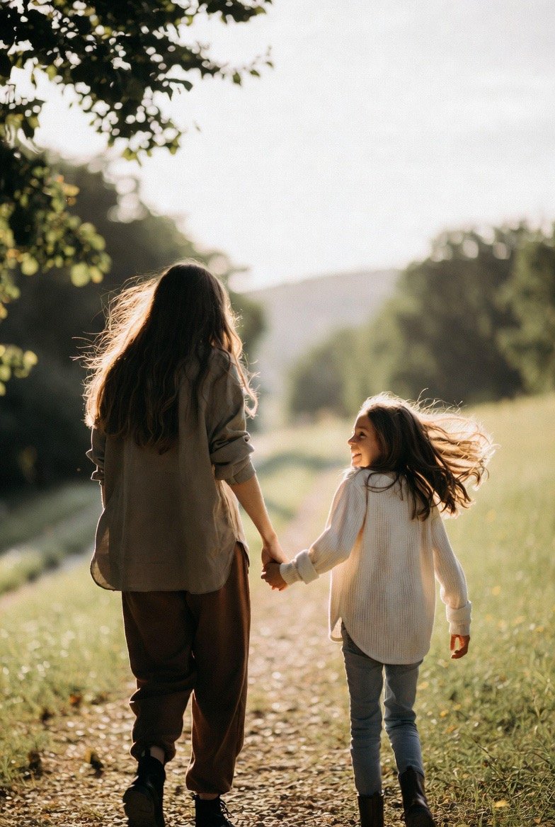 Deux jeunes filles marchant main dans la main sur un sentier de campagne, entourées d'arbres, avec une lumière douce de fin d'après-midi ou début de soirée.