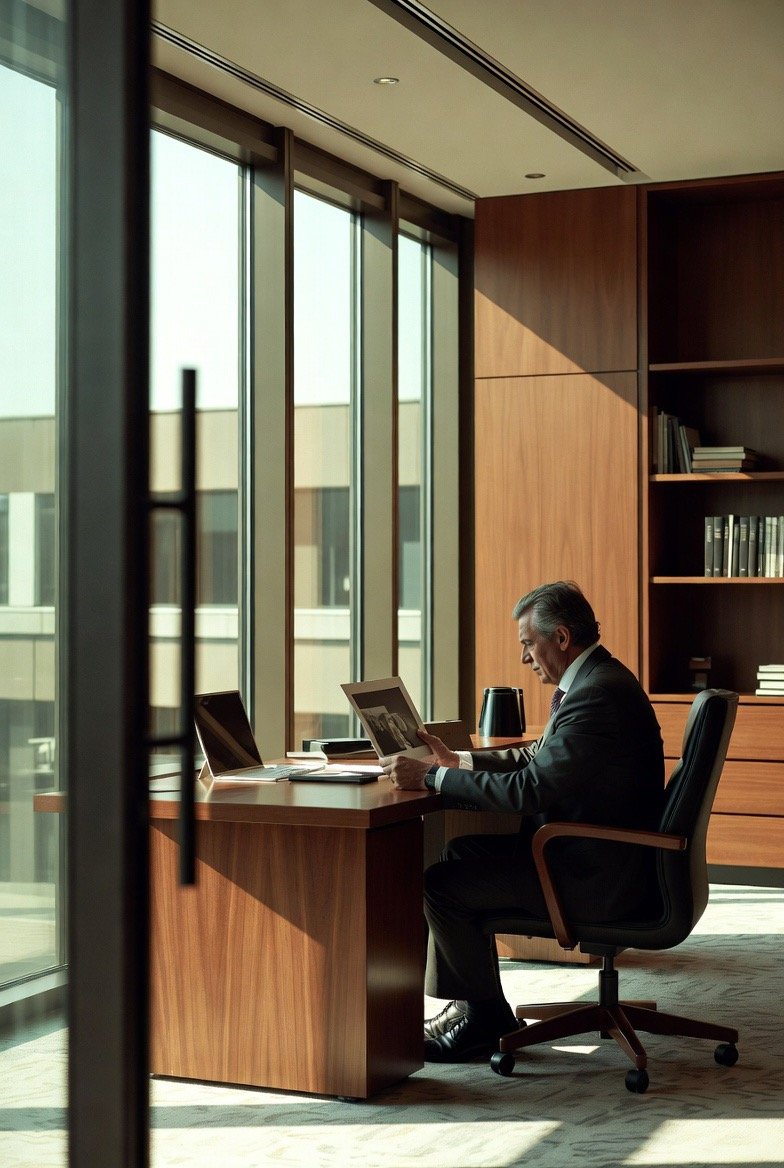 Un homme d'affaires âgé, assis à un bureau en bois dans un bureau moderne, regarde une photo ou un document à la lumière naturelle venant d'une grande fenêtre.