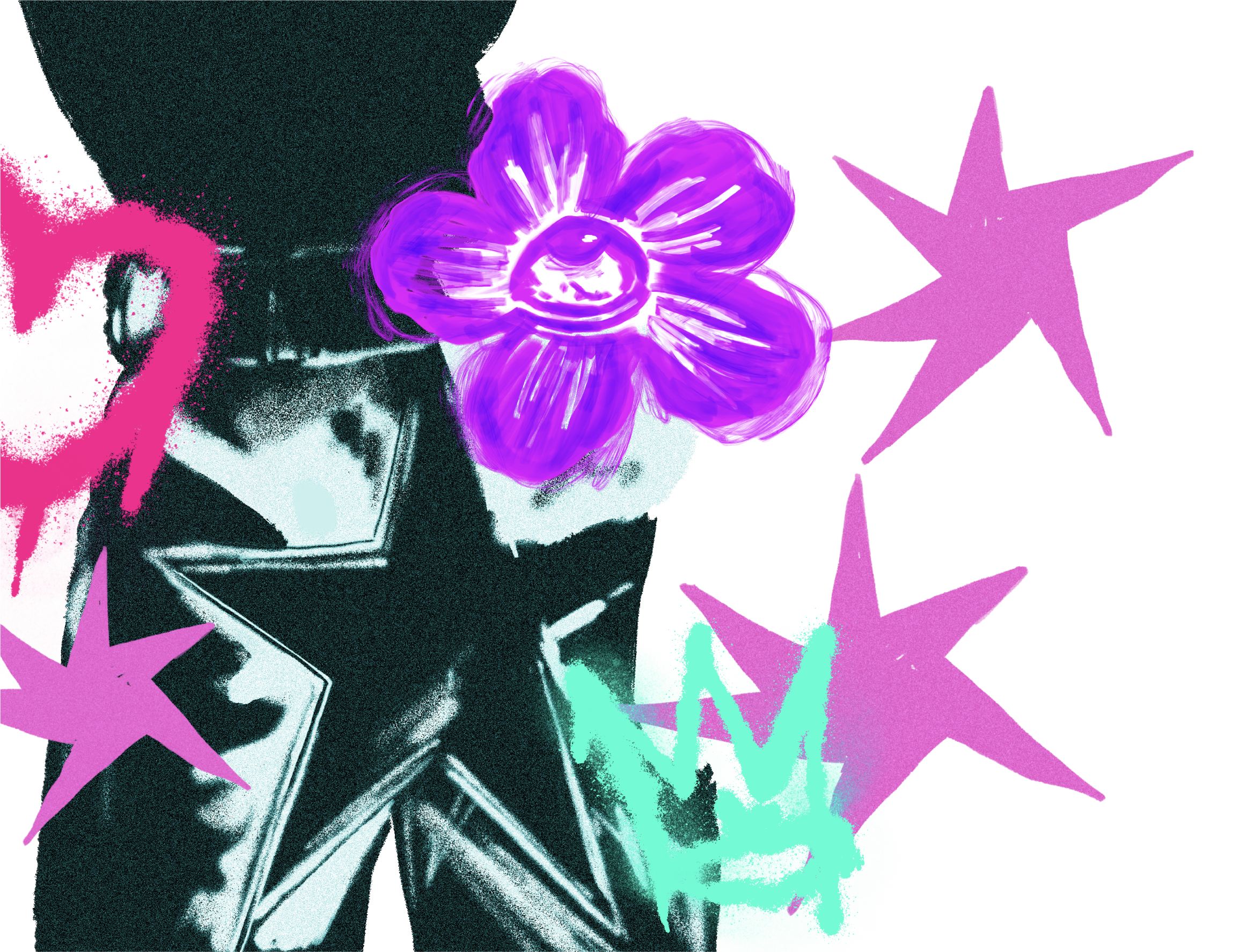 A digitally stylized image of a star with a purple smiling flower and pink and purple stars around it on a black background.