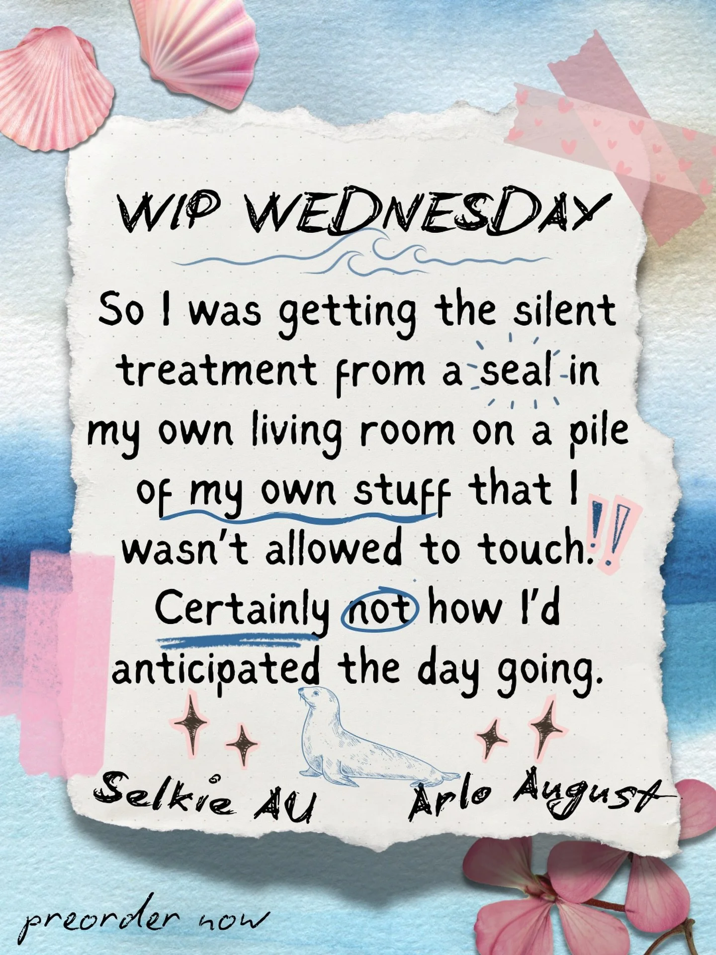 🦭 WIP WEDNESDAY 🦭 

I&rsquo;m genuinely having so much fun writing this book. It&rsquo;s so unlike anything I&rsquo;ve written before and I&rsquo;m excited to share it with you all! 

ARCs and pre0rders in b&icirc;o