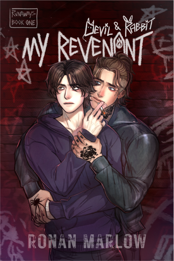 Illustration of two young men standing close together against a red brick wall with graffiti. The one on the left has dark hair, wears a purple hoodie, and shows tattoos on his hand and arm. The one on the right has light brown hair, wears a black leather jacket, and is smoking a cigarette. The background has graffiti, stars, and scribbles. Text on the wall reads 'DEVIL & RABBIT' and 'MY REVENANT', with a small label saying 'RUNAWAYS BOOK ONE'. The bottom shows the author's name, Ronan Marlow.