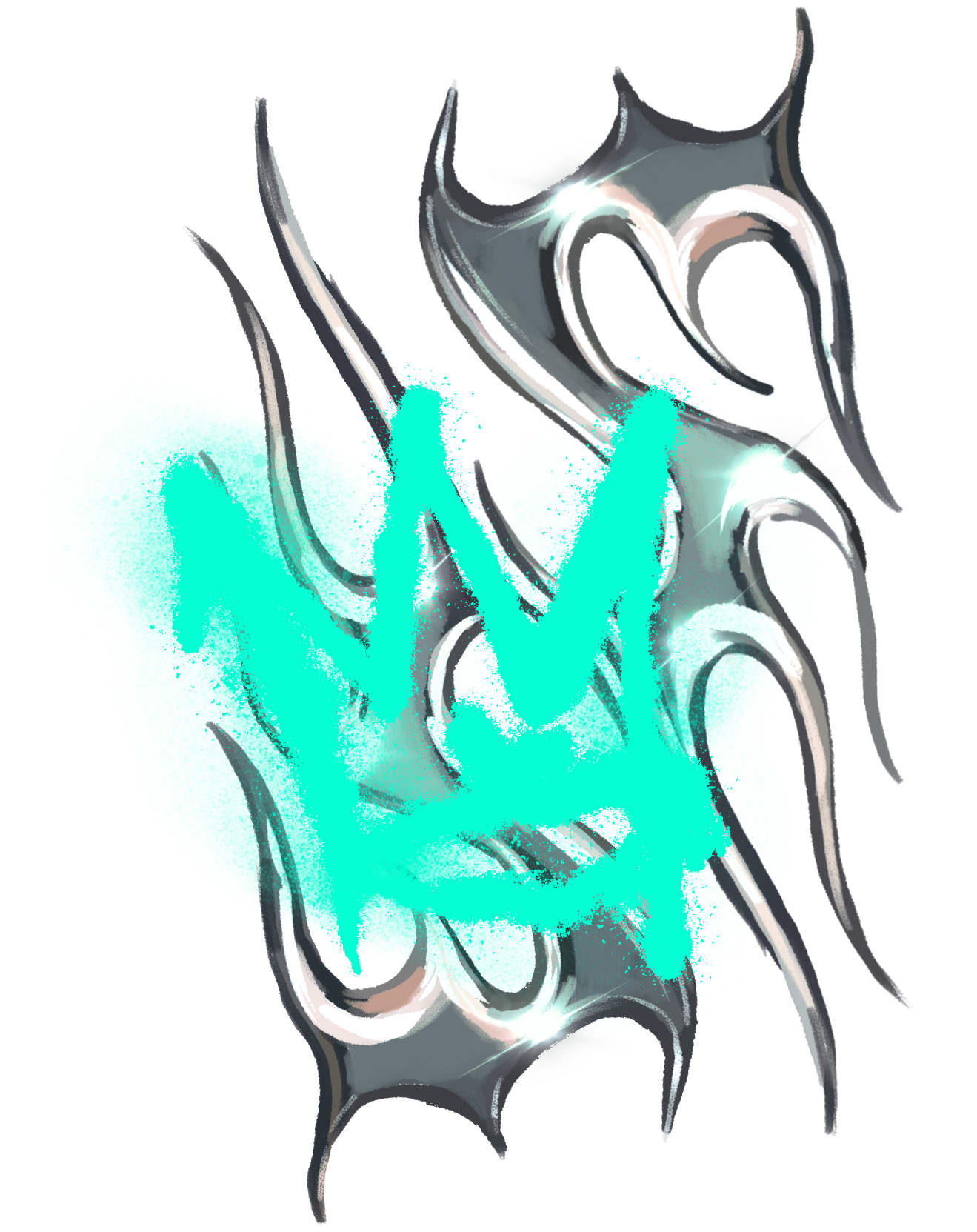 A stylized, metallic dragon emblem with sharp edges and glowing turquoise accents.