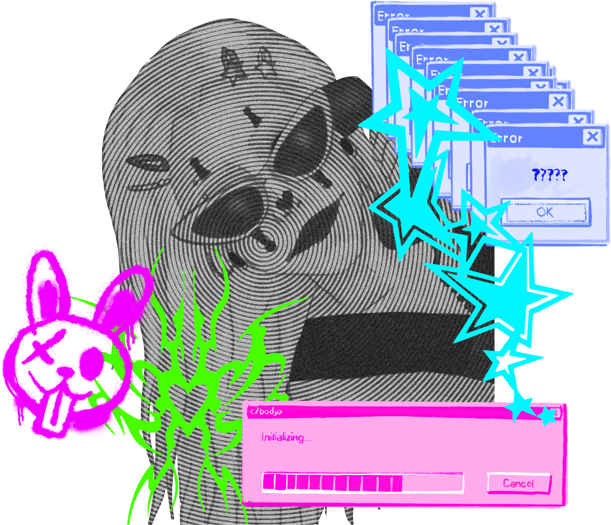 A digital collage featuring a rabbit character with a fingerprint pattern, surrounded by colorful digital error messages, star shapes, and a pink progress bar labeled 'Initializing...'.