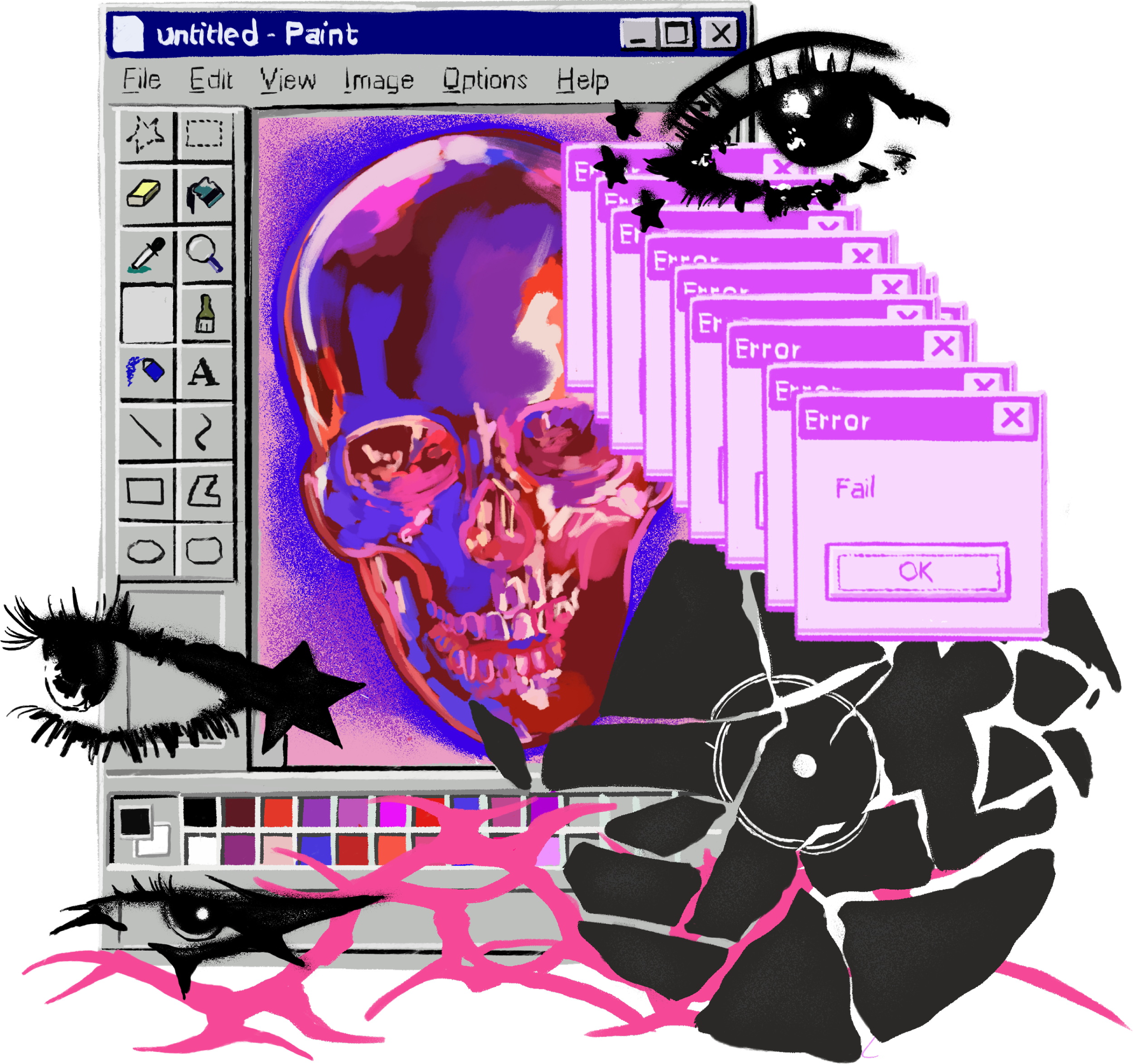 Digital art of a computer screen with a colorful skull illustration, multiple error message pop-ups, and various decorative elements like black stars and a black flower.
