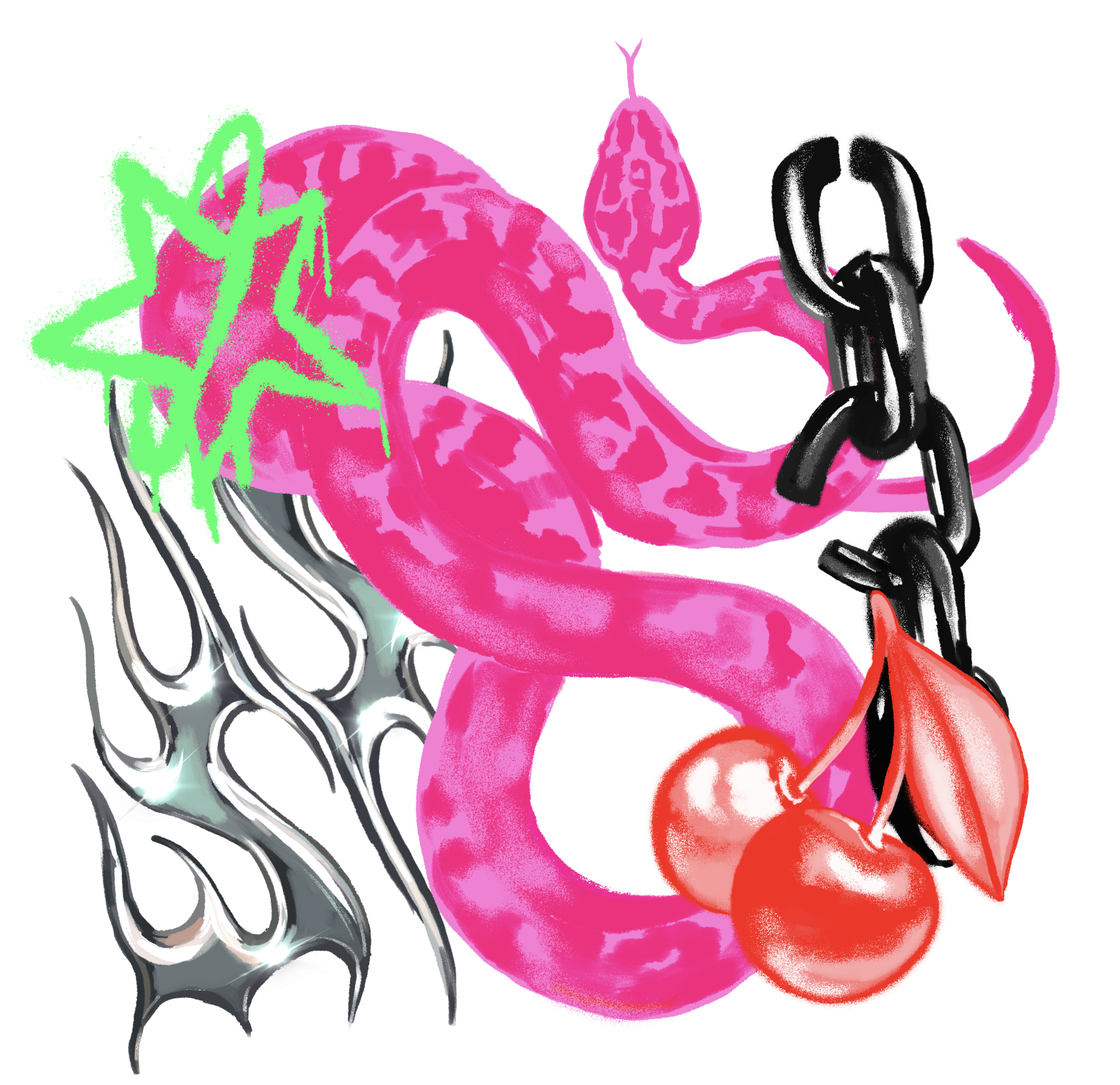 A pink snake intertwined with a black chain, green graffiti-like star, black flames, and cherries with red leaves on a black background.