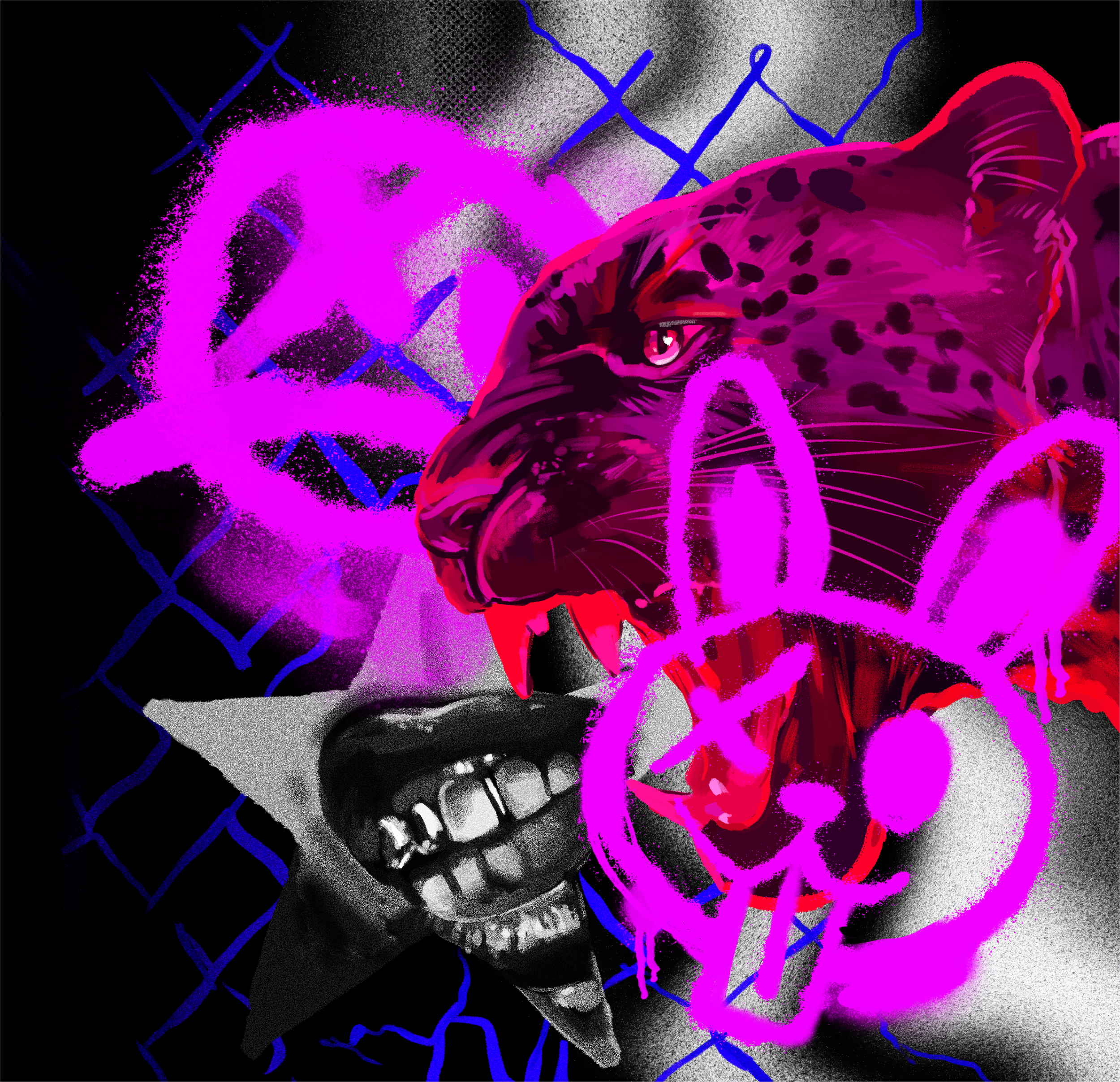 A digital collage featuring a woman's face in black and white with a dark background, overlaid with graffiti style pink and purple spray paint symbols, including a peace sign and a bunny head, and a vibrant pink and black jaguar face with its mouth open showing sharp teeth.
