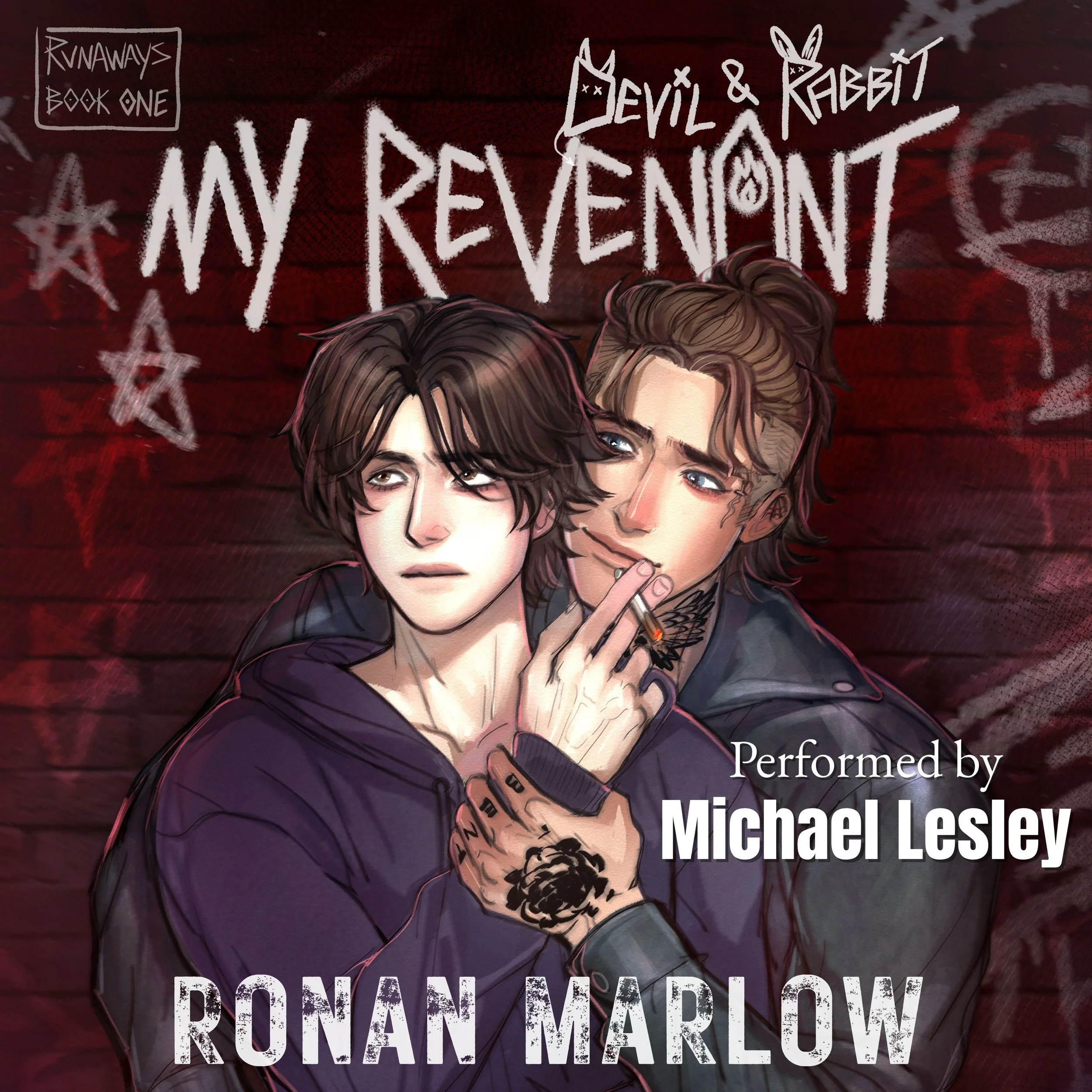 Book cover illustration for "Devil & Rabbit: My Revent" by Ronan Marlow, performed by Michael Lesley, featuring two young men with tattoos and dark clothing against a red brick wall background with graffiti-style text.
