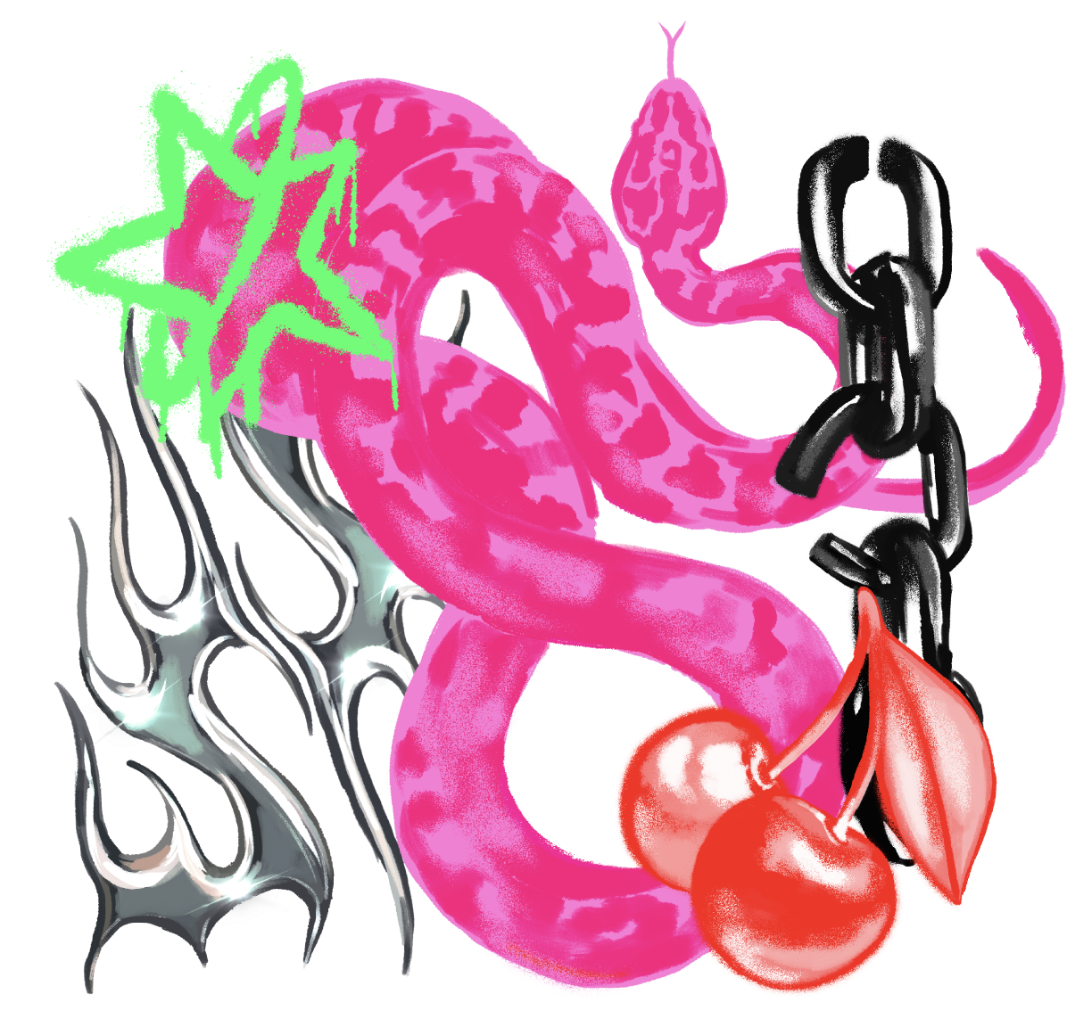 Abstract digital artwork featuring a pink snake, chain links with cherries, green hair-like elements, and black-and-white flames against a dark background.