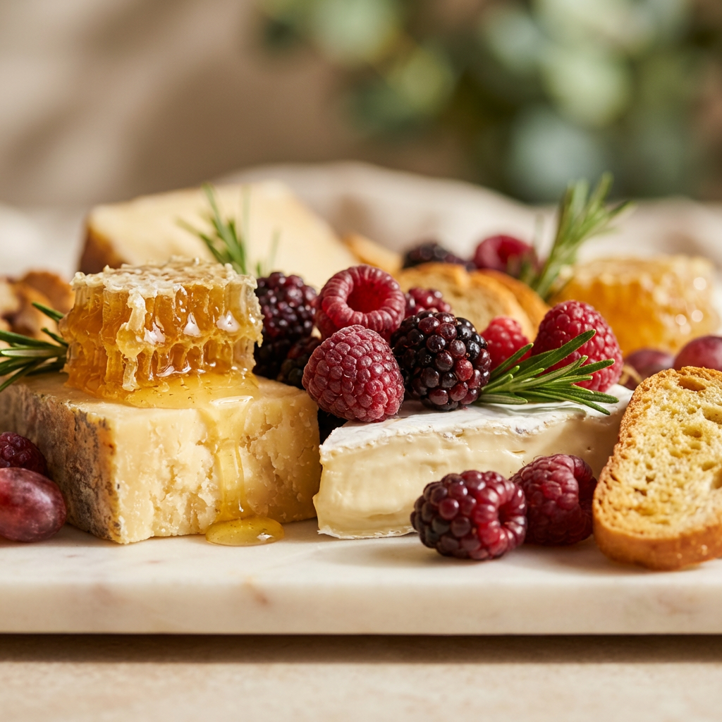 Assorted cheeses with honey, fresh blackberries, raspberries, and crackers on a serving board.