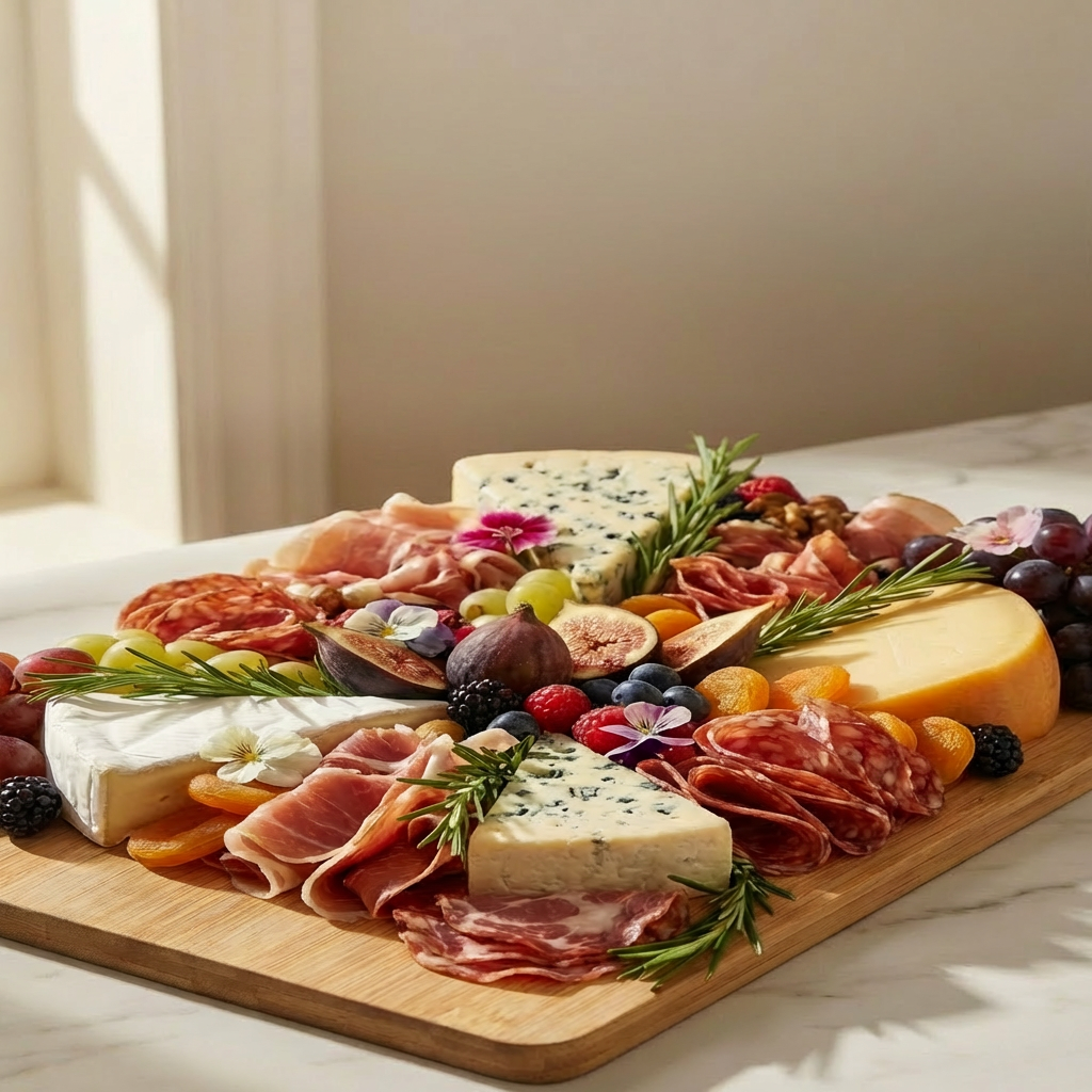 Cheese and charcuterie platter with grapes, figs, and herbs on a wooden board.