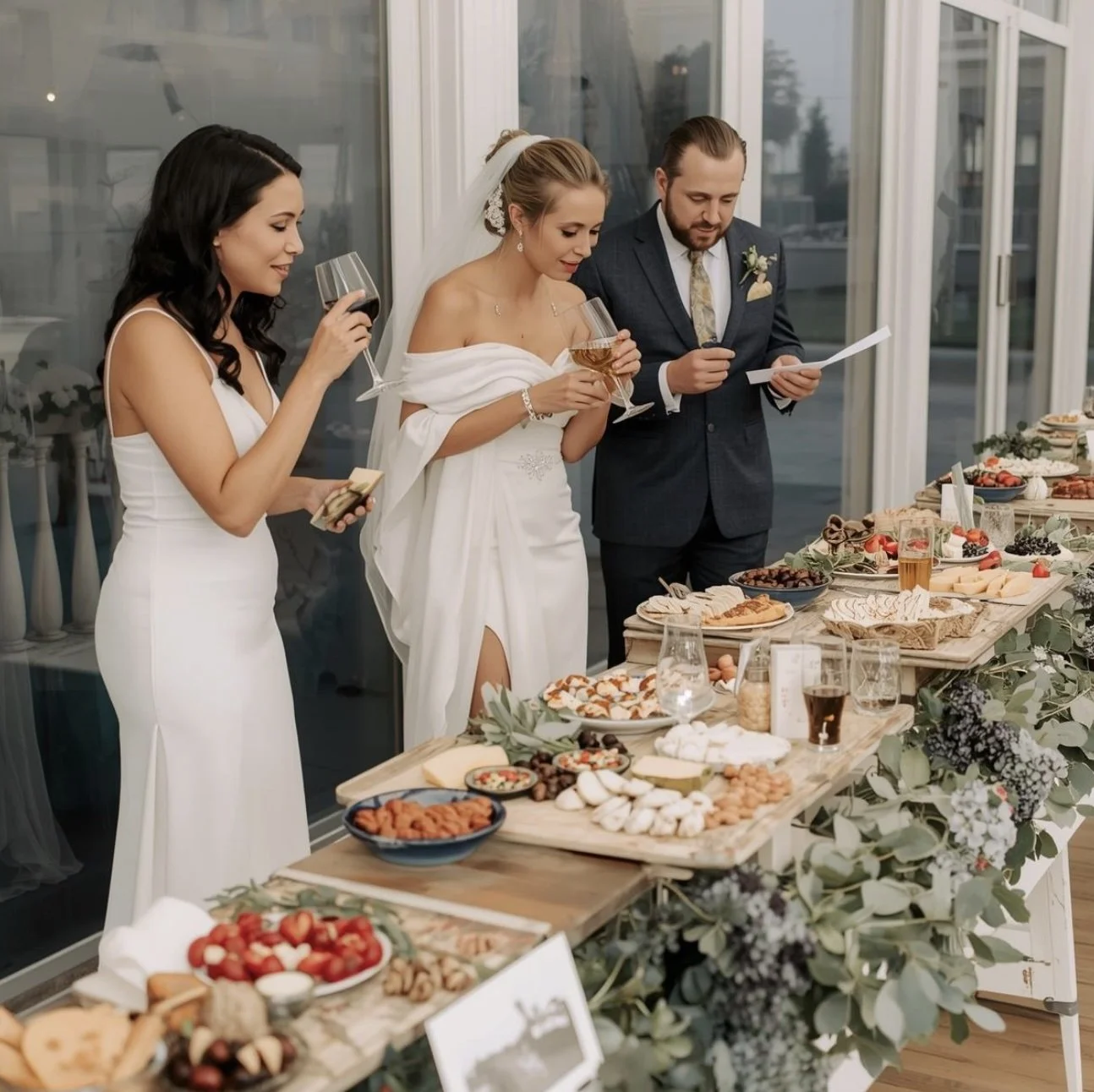 Three people dressed in wedding attire standing at a table with a variety of charcuterie and food, holding glasses of wine at a wedding reception.