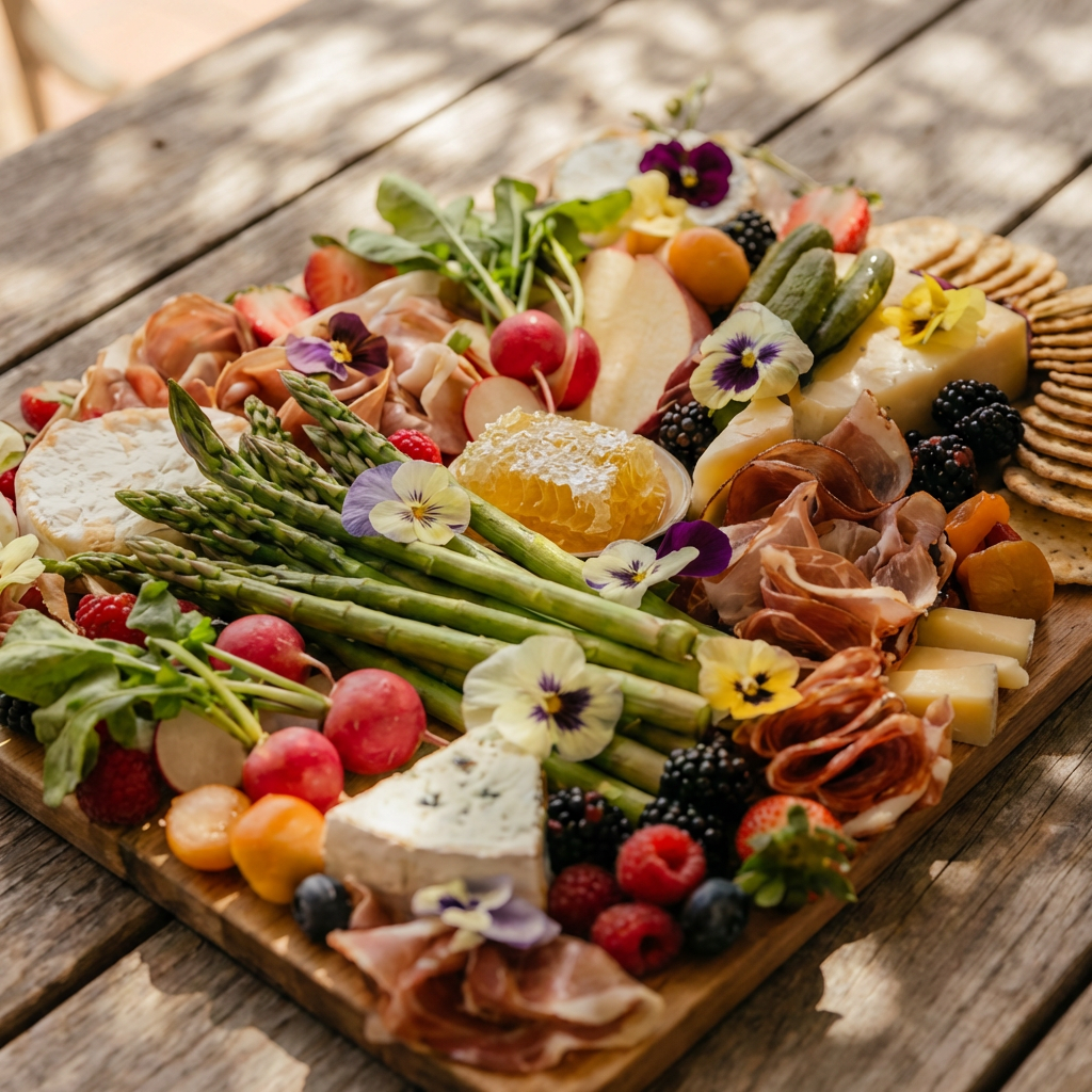 Charcuterie board with cheeses, fresh vegetables, fruits, crackers, and edible flowers on a wooden surface.