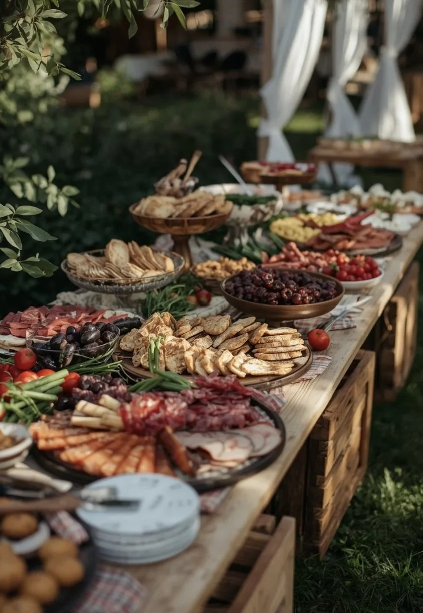 A rustic outdoor buffet table filled with various charcuterie, cheeses, fruits, vegetables, and crackers on a wooden table with a garden setting.