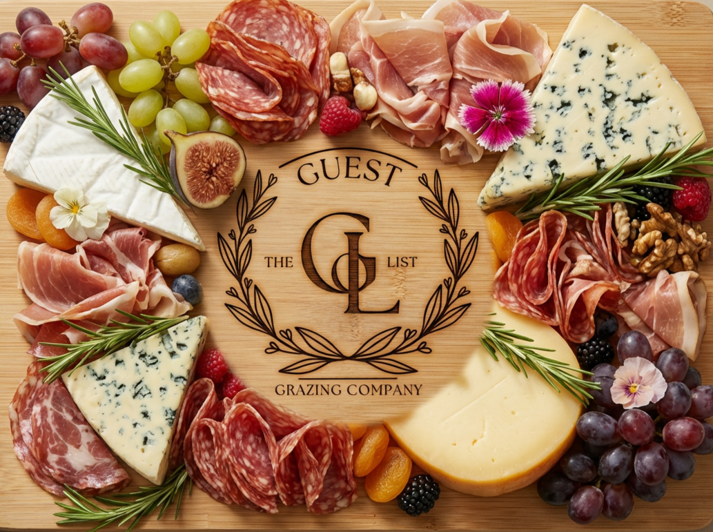 A cheese and charcuterie board with various cheeses, cured meats, fresh fruits like grapes and berries, nuts, flowers, and herbs arranged around a wooden center with engraved text reading 'The Guest List' and 'Grazing Company'.